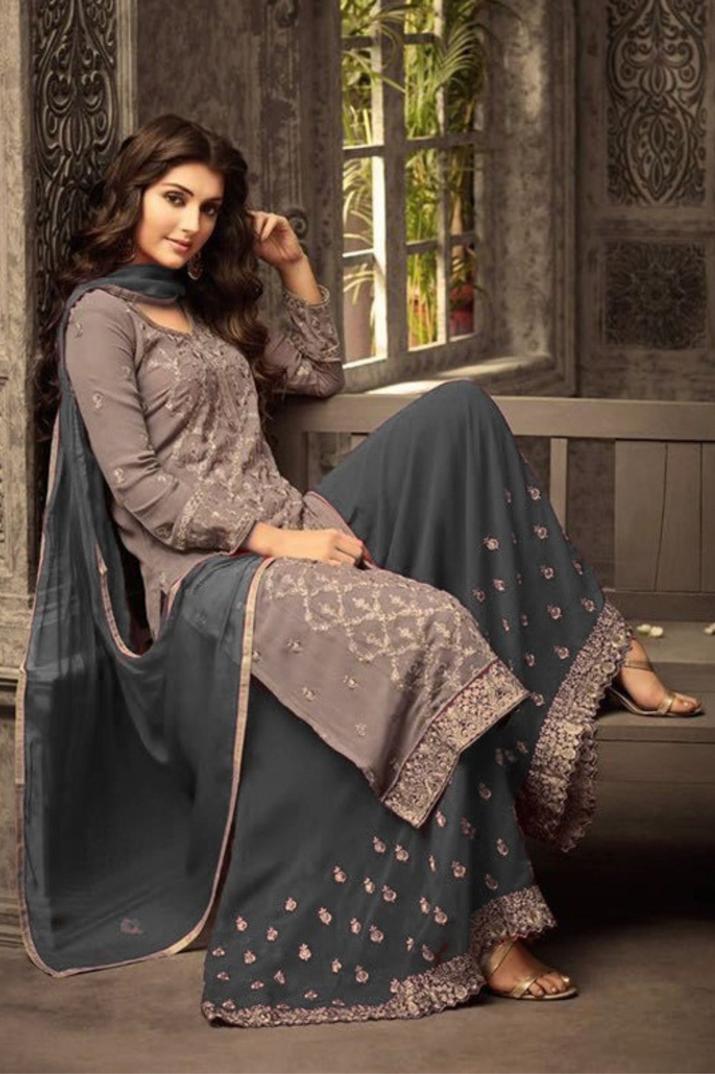 Yellow Chinon Silk Plazo Suit For Weddings & Festival - Embroidery Work