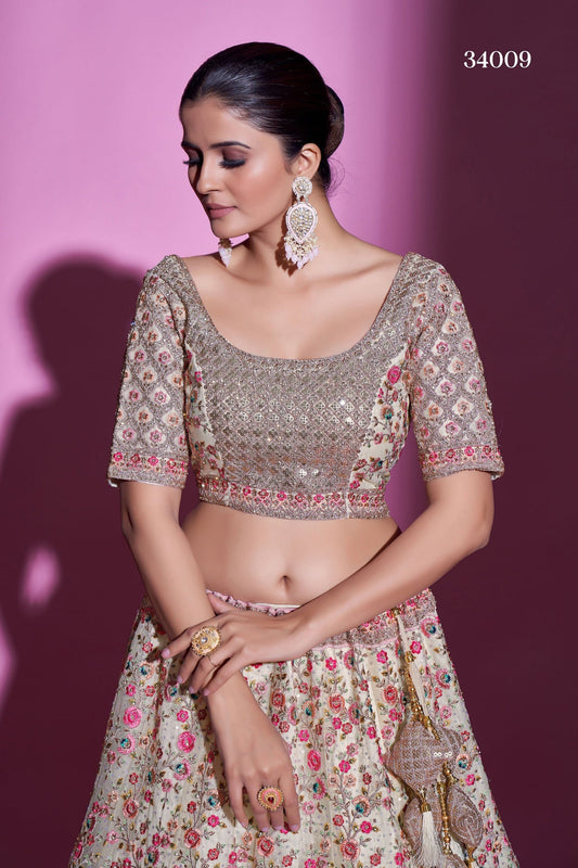 Cream Net Lehenga Choli For Festival & Weddings - Sequence Embroidery Work, Stone Work, Dori Work