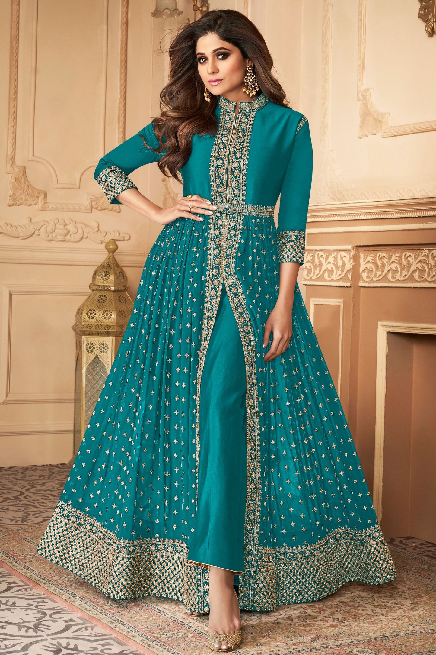 Cyan Georgette Anarkali Gown For  Festivals &  Weddings Dress - Sequence Embroidery Work, Stone work