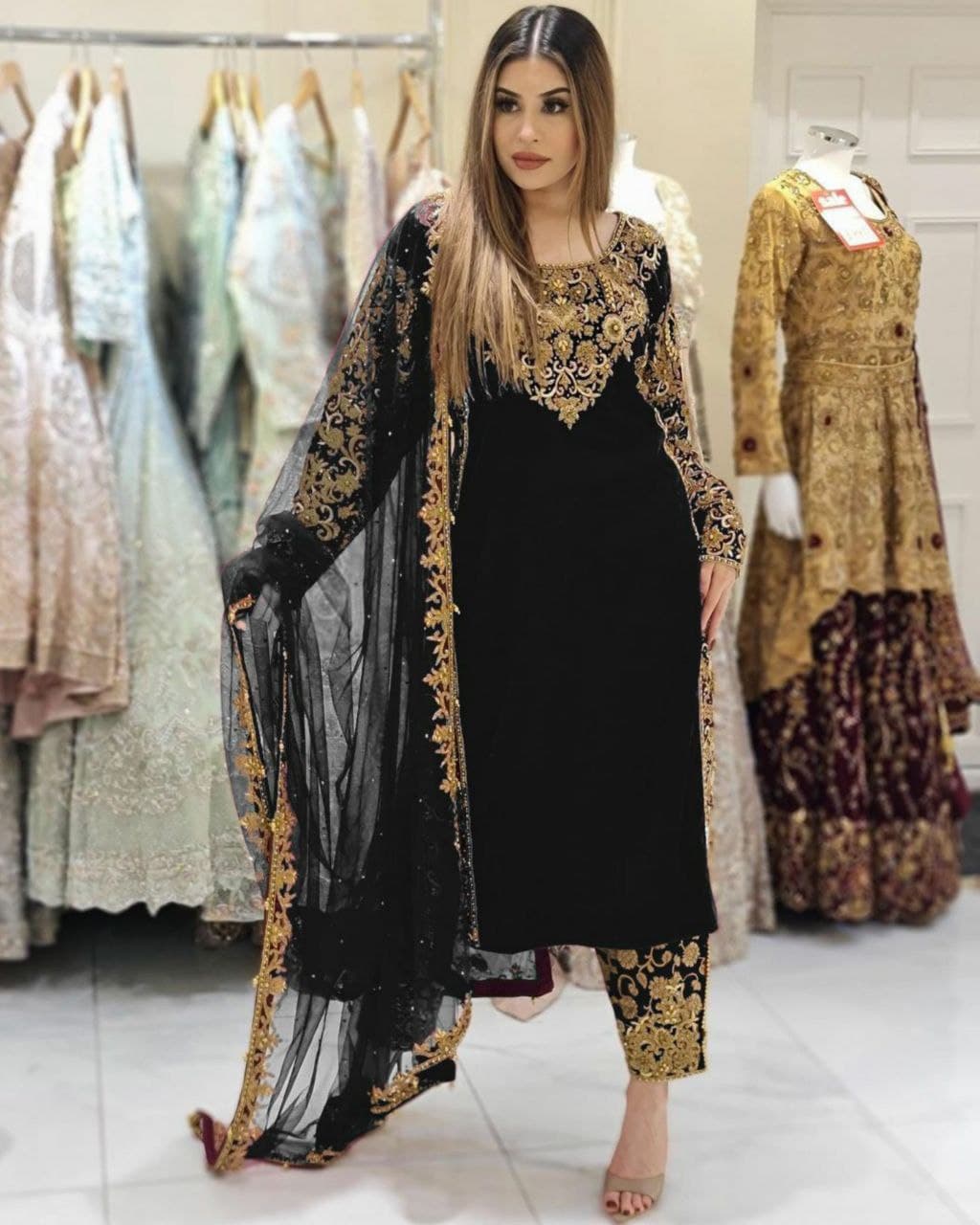 Aromatic Maroon & Black Micro Velvet Embroidery Work Pakistani Salwar Suit With Dupatta