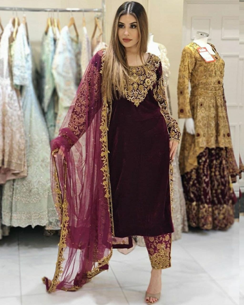 Aromatic Maroon & Black Micro Velvet Embroidery Work Pakistani Salwar Suit With Dupatta