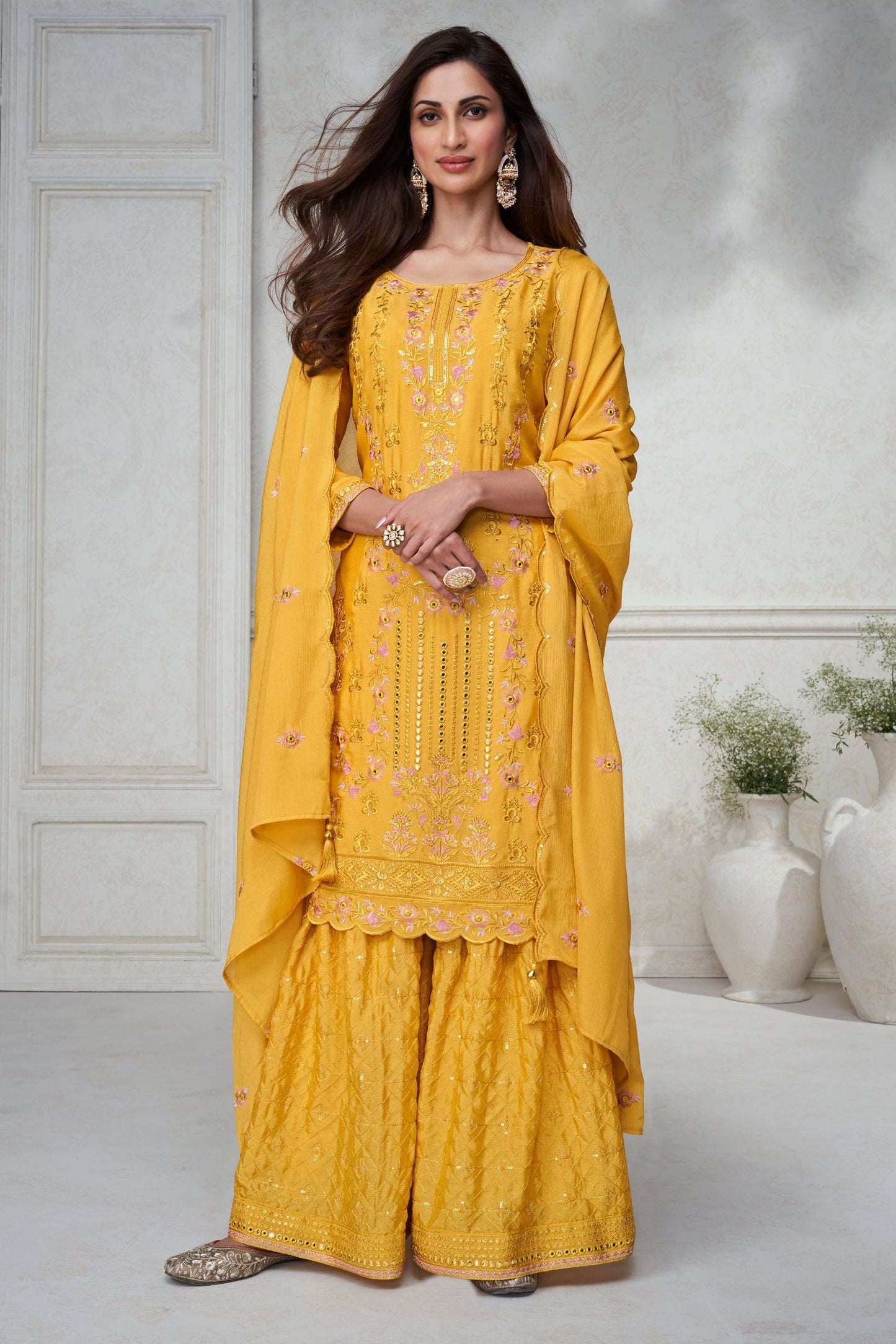 Golden Chinon Silk Sharara suit - Thread Embroidery Work