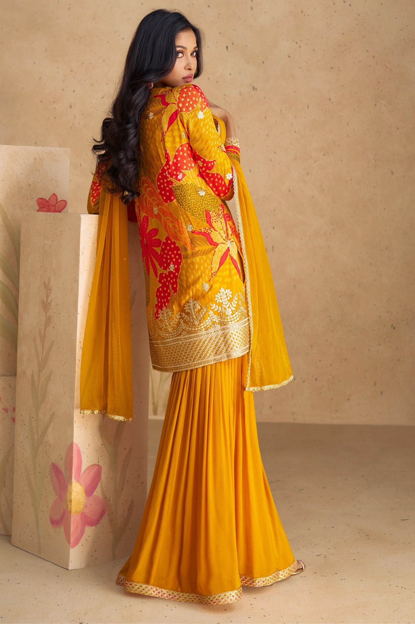Golden Yellow Chinon Silk Flower Printed Sharara Suit - Print Work, Embroidery Work