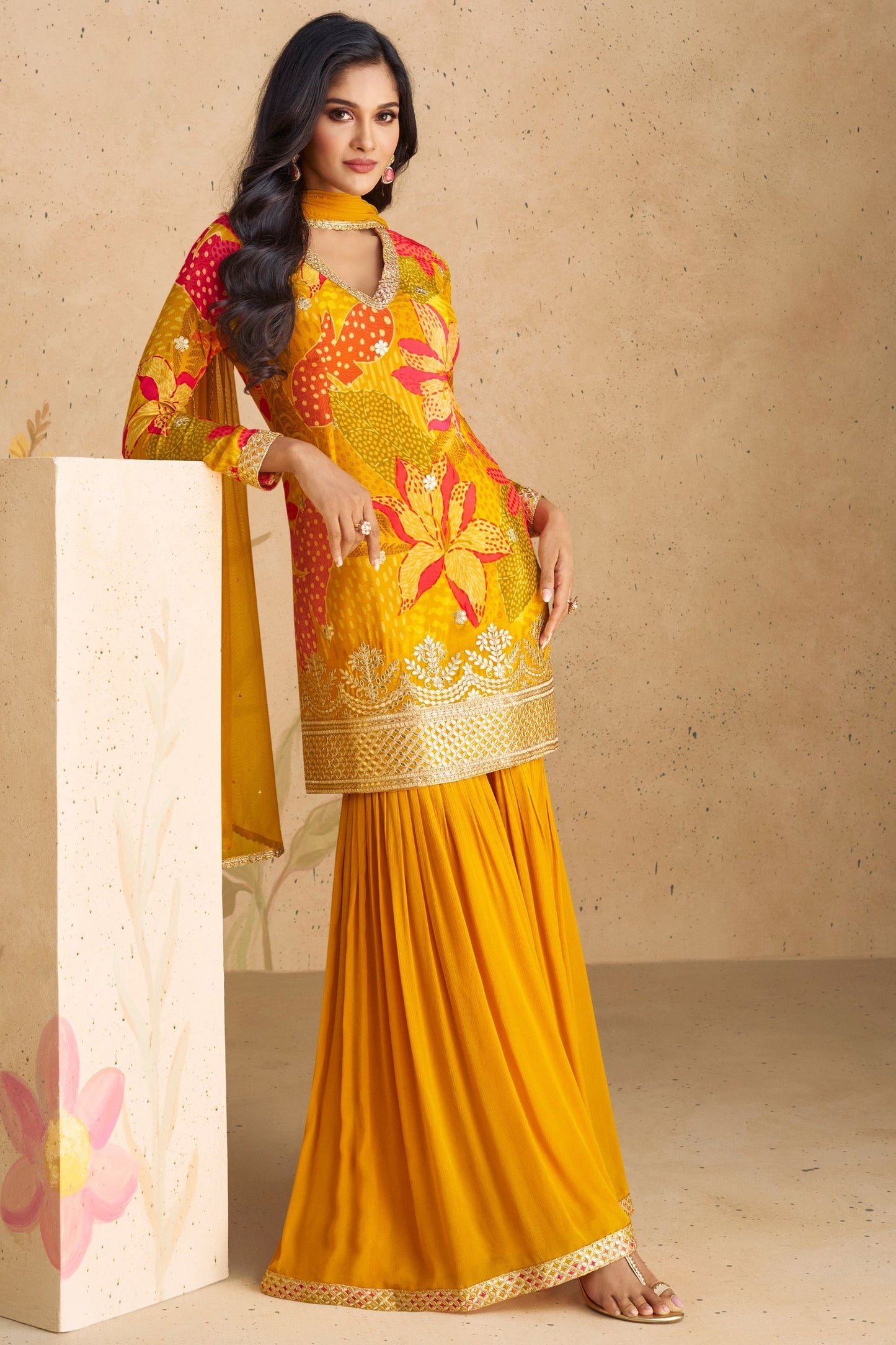 Golden Yellow Chinon Silk Flower Printed Sharara Suit - Print Work, Embroidery Work
