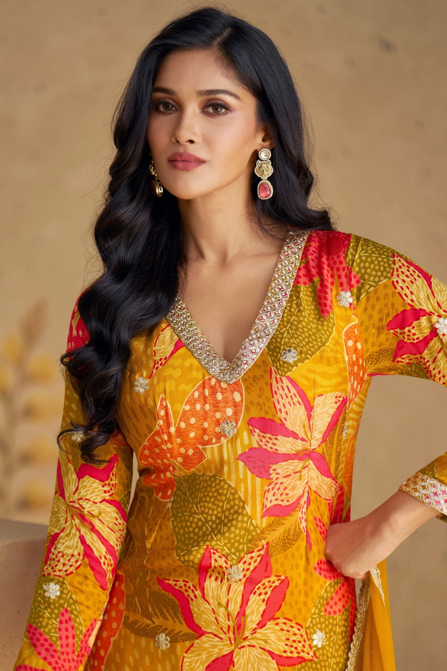 Golden Yellow Chinon Silk Flower Printed Sharara Suit - Print Work, Embroidery Work