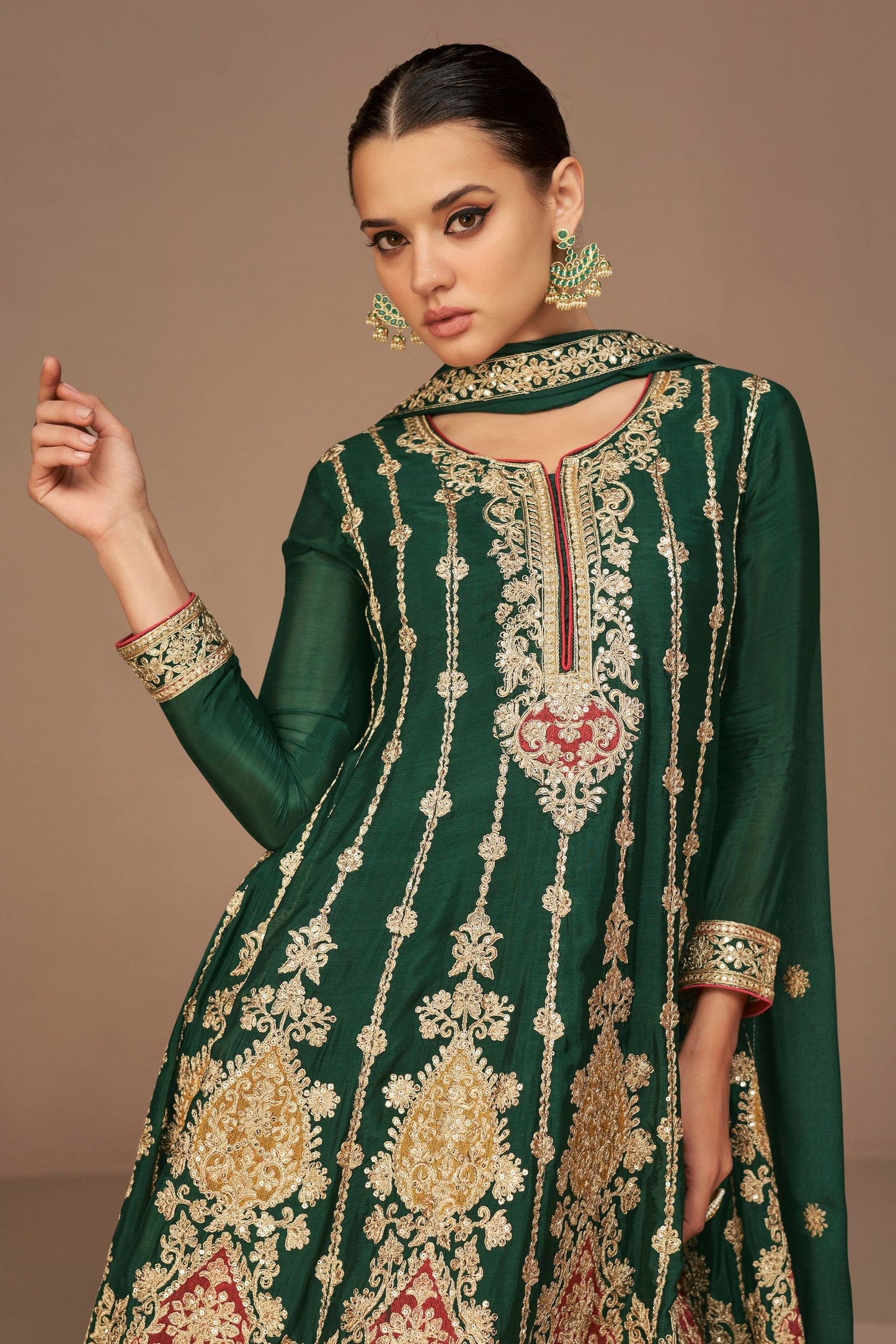 Green Chinon Silk salwar suit - Thread Embroidery Work