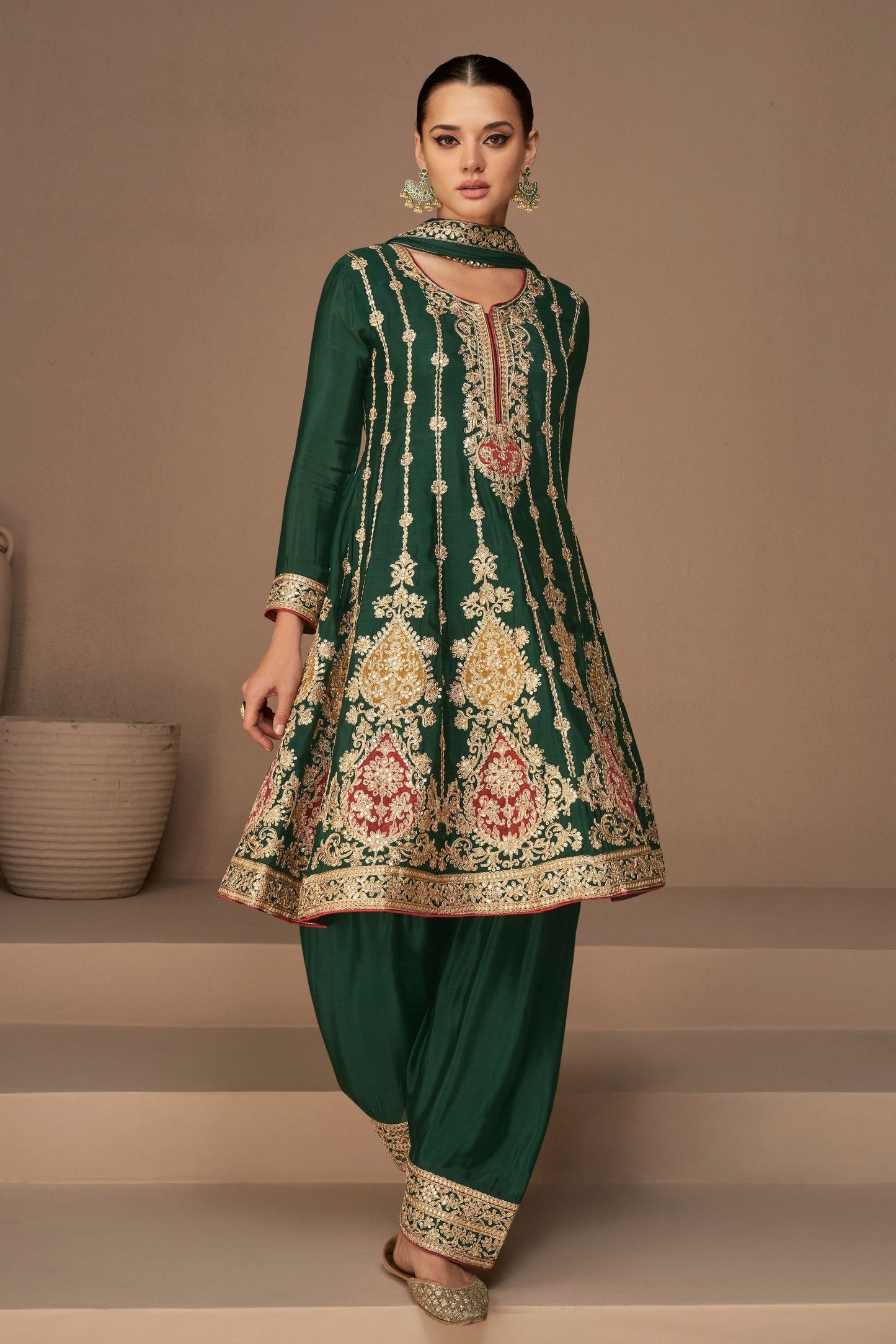 Green Chinon Silk salwar suit - Thread Embroidery Work