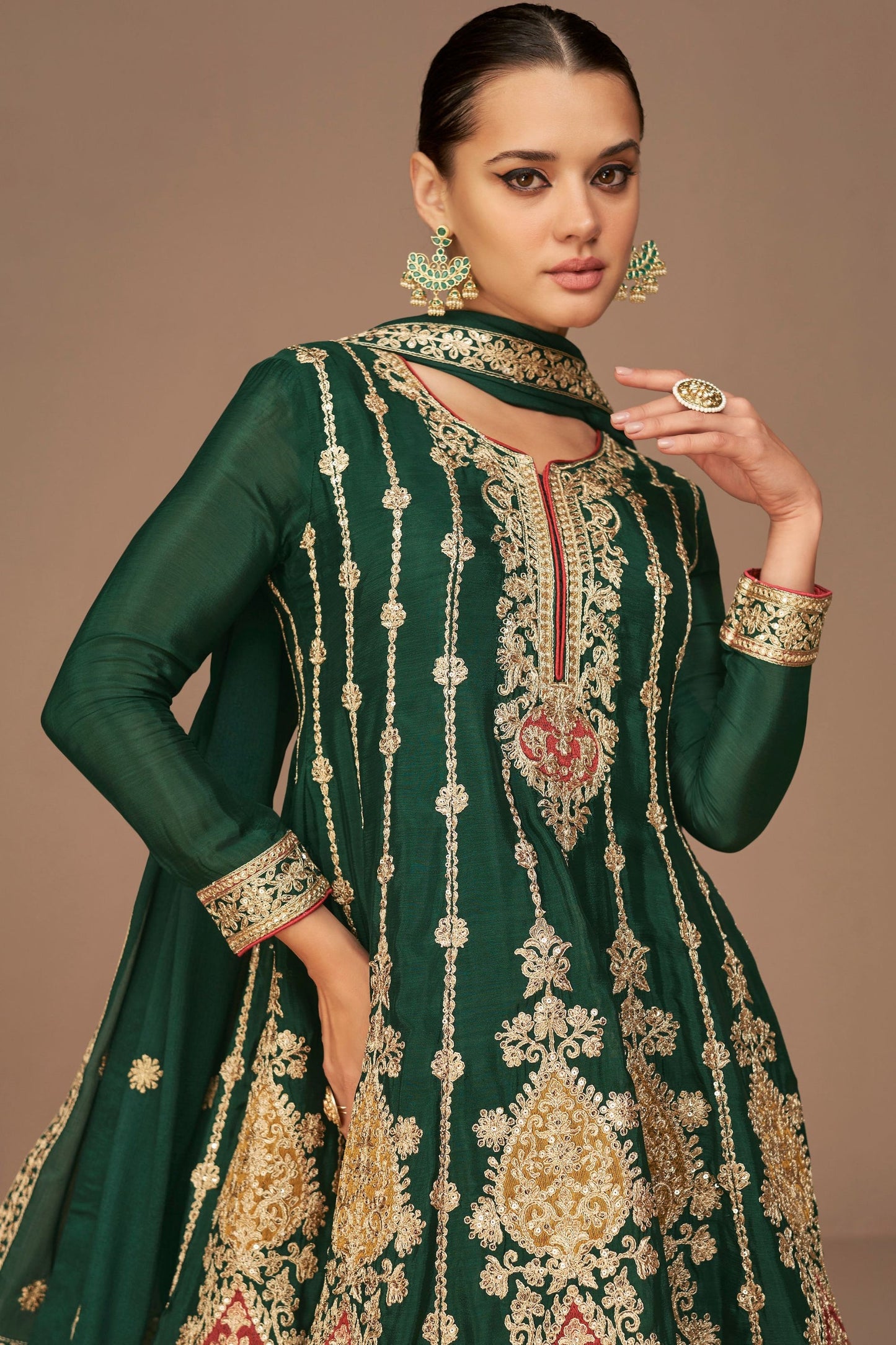 Green Chinon Silk salwar suit - Thread Embroidery Work