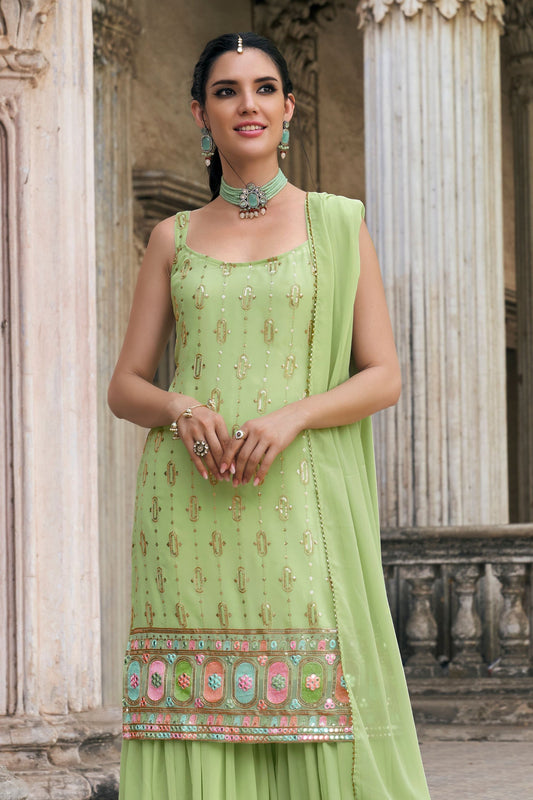 Green Georgette Sharara Suits - Thread & Sequence Embroidery Work