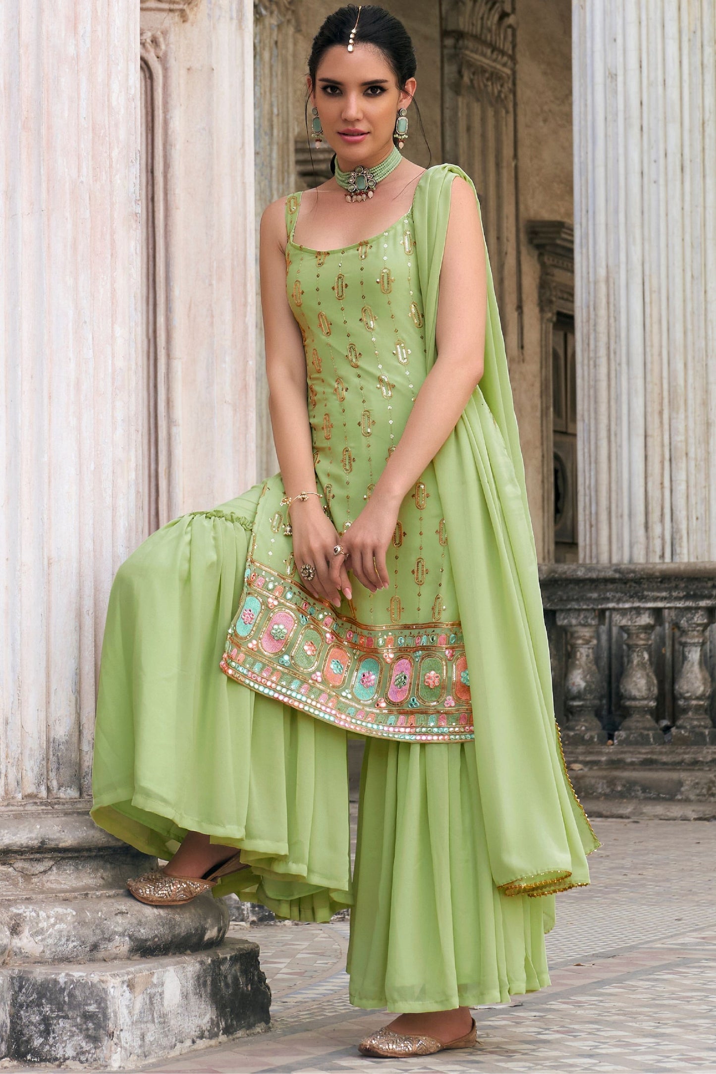 Green Georgette Sharara Suits - Thread & Sequence Embroidery Work