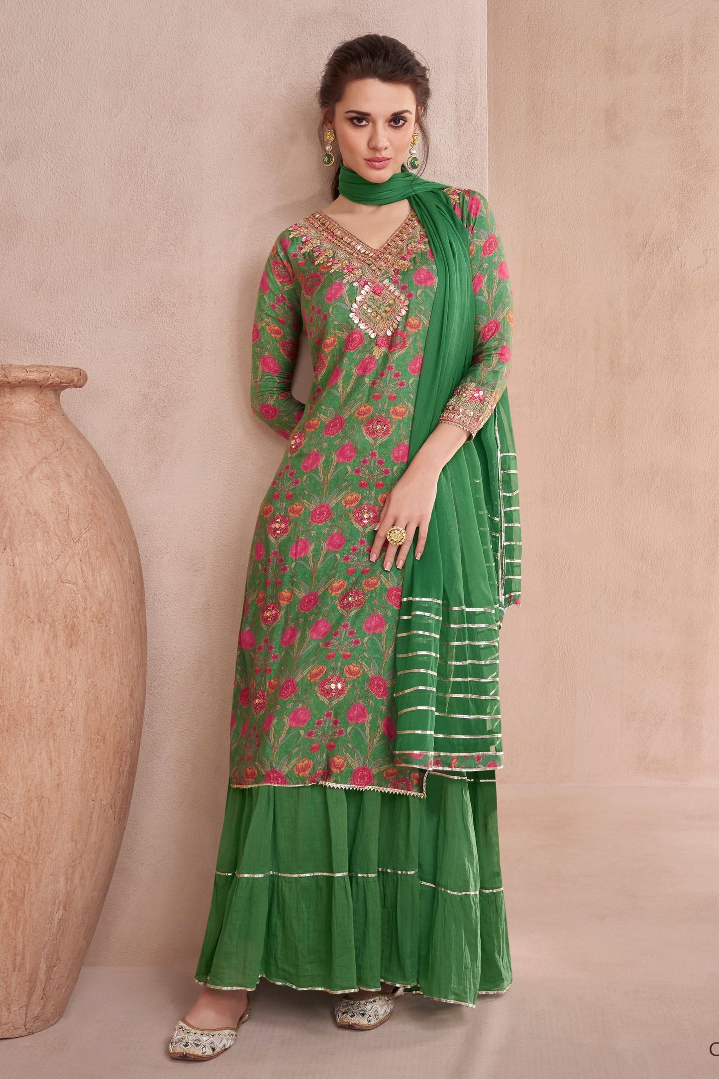 Green Muslin Silk Long Suit with Skirt - Hand Embellishment Work