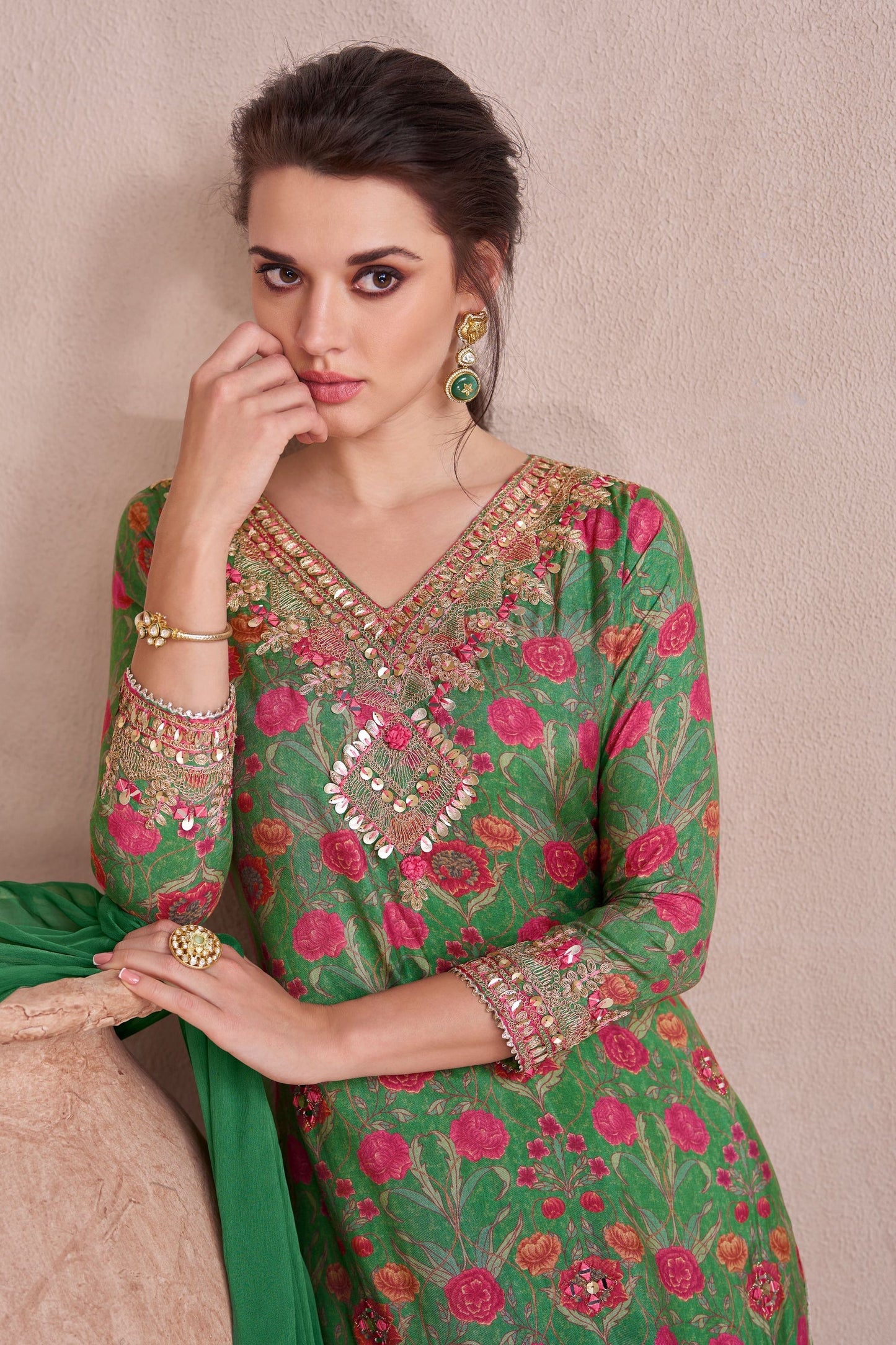 Green Muslin Silk Long Suit with Skirt - Hand Embellishment Work