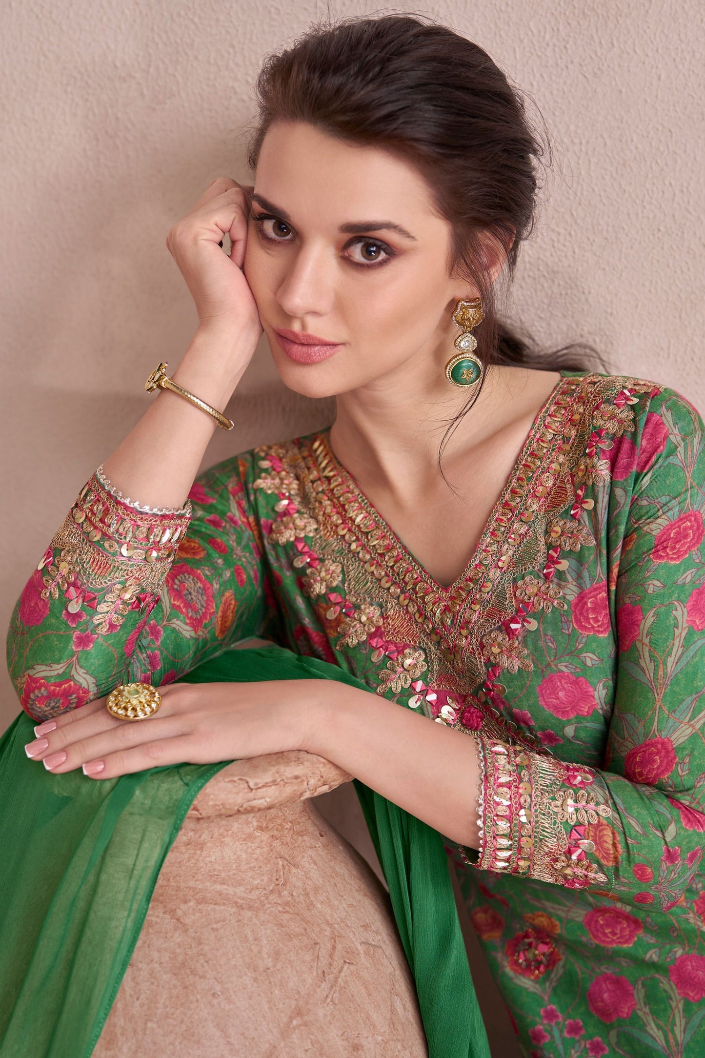 Green Muslin Silk Long Suit with Skirt - Hand Embellishment Work