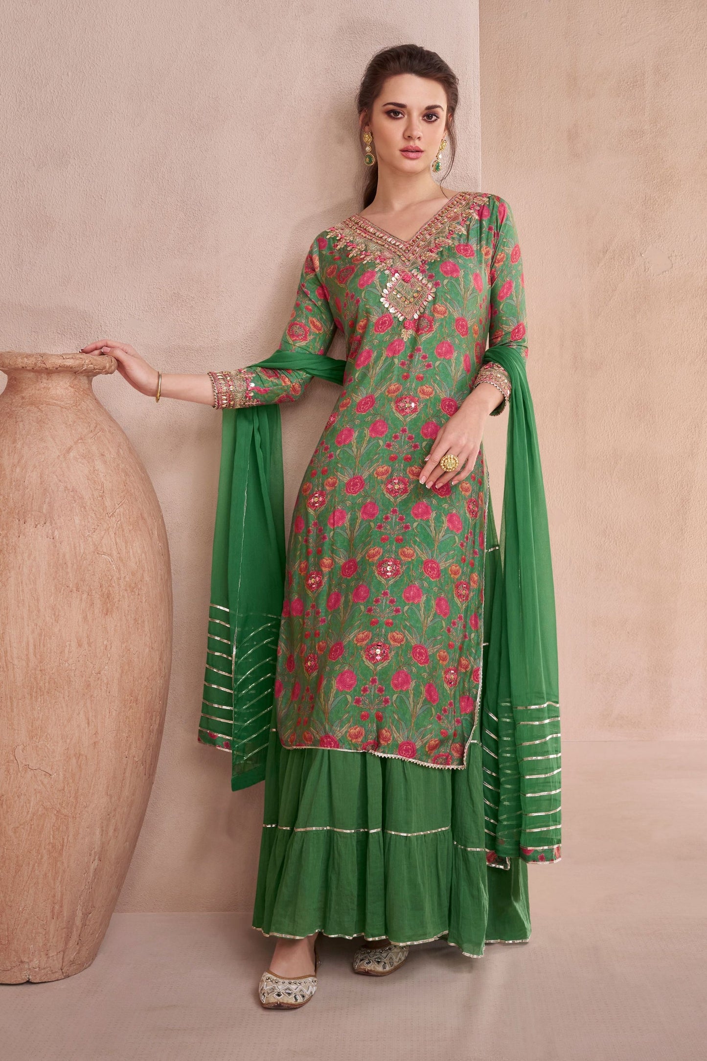 Green Muslin Silk Long Suit with Skirt - Hand Embellishment Work