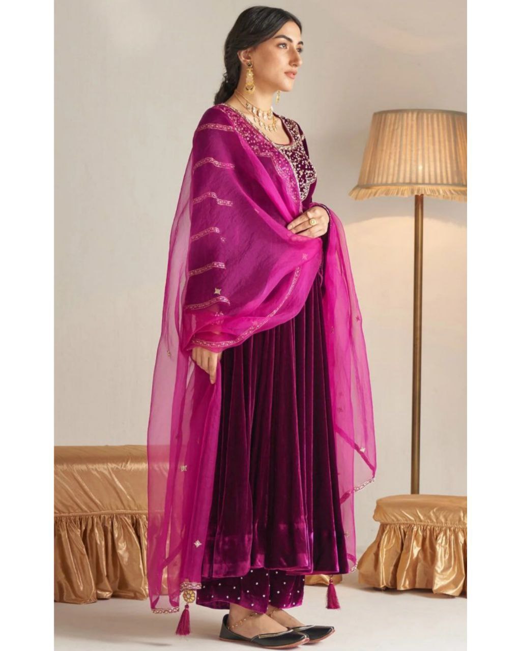 Beautiful Wine Micro Velvet Embroidery Work Anarkali Suit With Net Dupatta