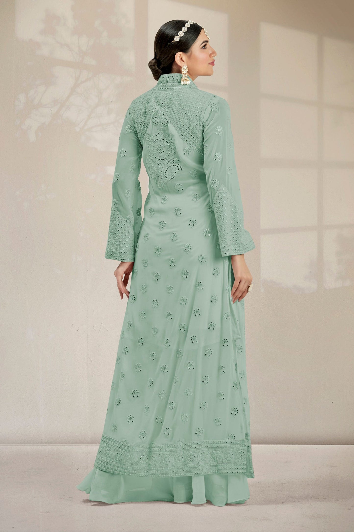 Light Green Georgette Palazzo Suit With Koti Jacket - Resham Embroidery Work, Mirror Work