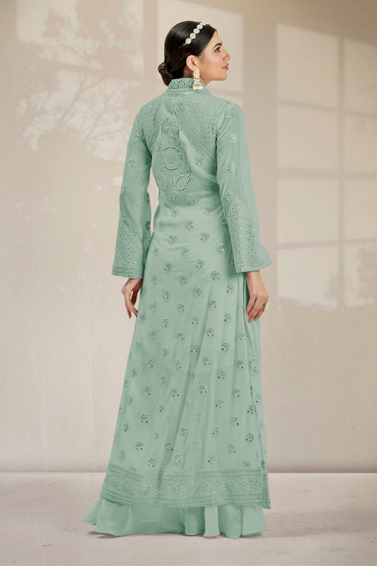 Light Green Georgette Palazzo Suit With Koti Jacket - Resham Embroidery Work, Mirror Work