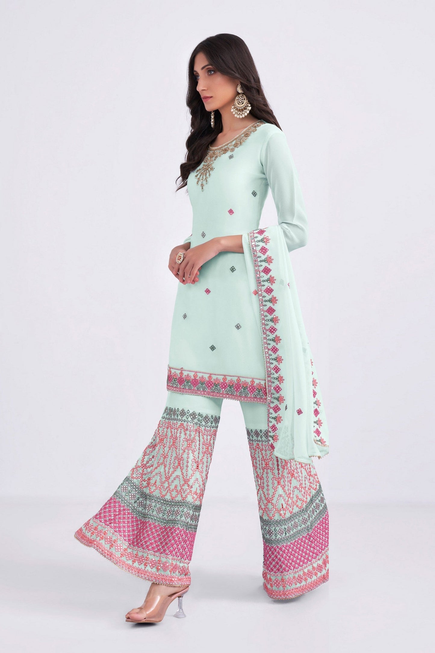 Light Blue Georgette Sharara suit - Sequence Embroidery Work, Thread Embroidery Work, Khatli Work, Zari Work