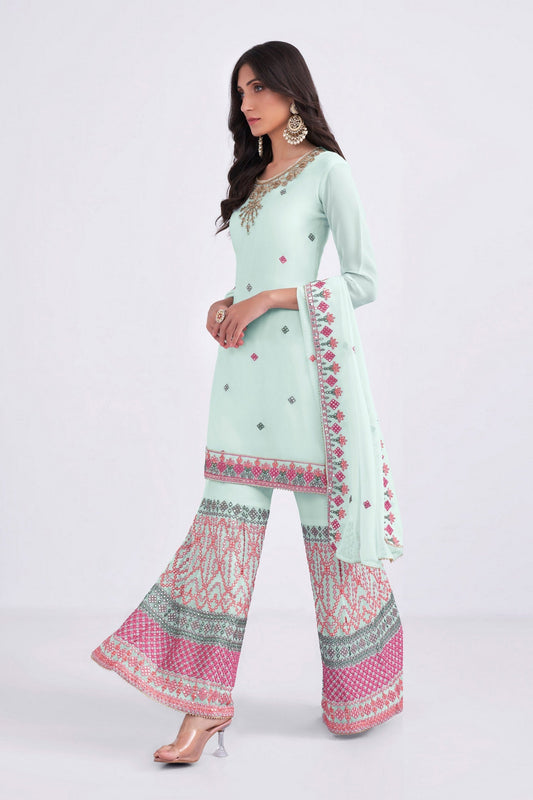 Light Blue Georgette Sharara suit - Sequence Embroidery Work, Thread Embroidery Work, Khatli Work, Zari Work
