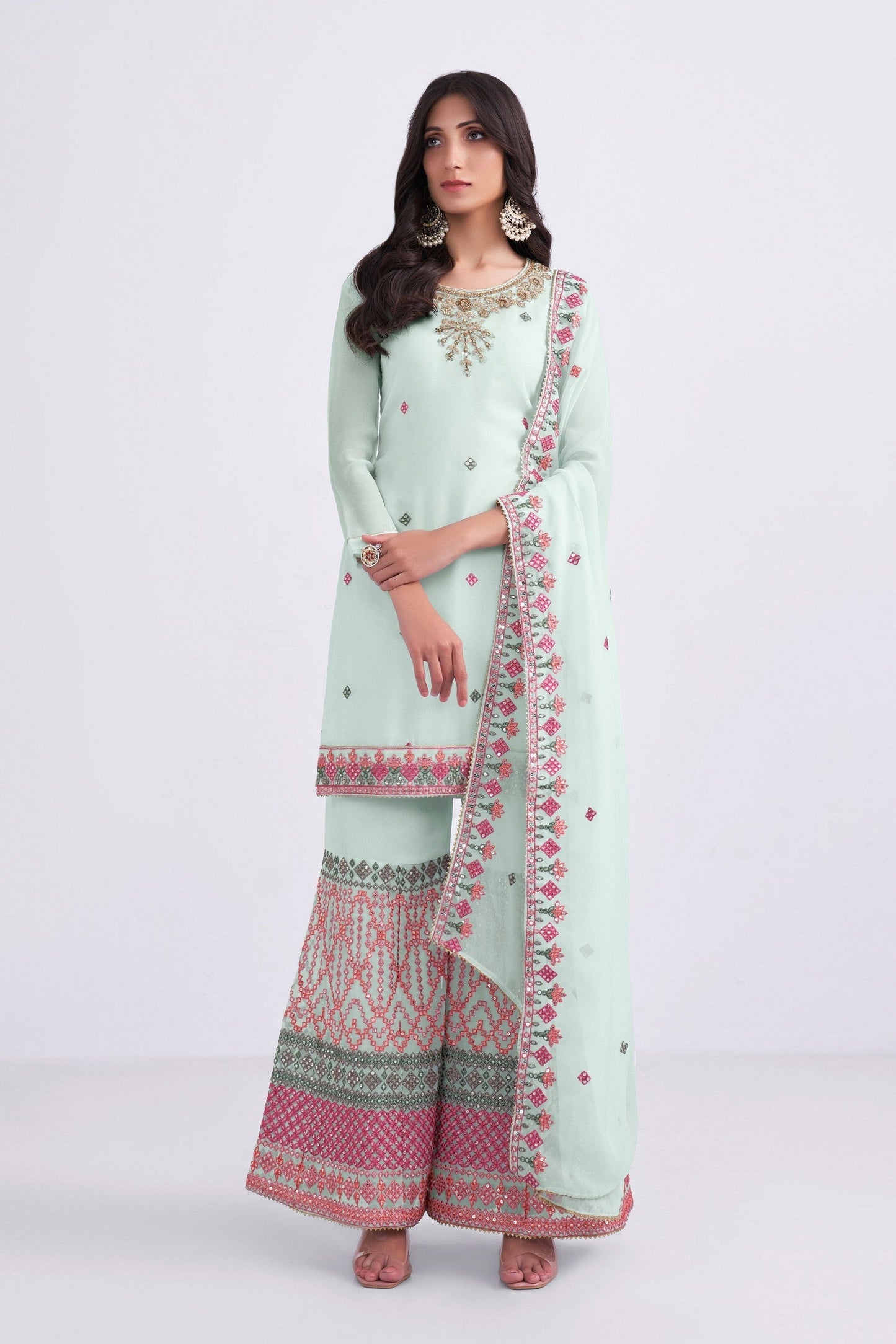 Light Blue Georgette Sharara suit - Sequence Embroidery Work, Thread Embroidery Work, Khatli Work, Zari Work