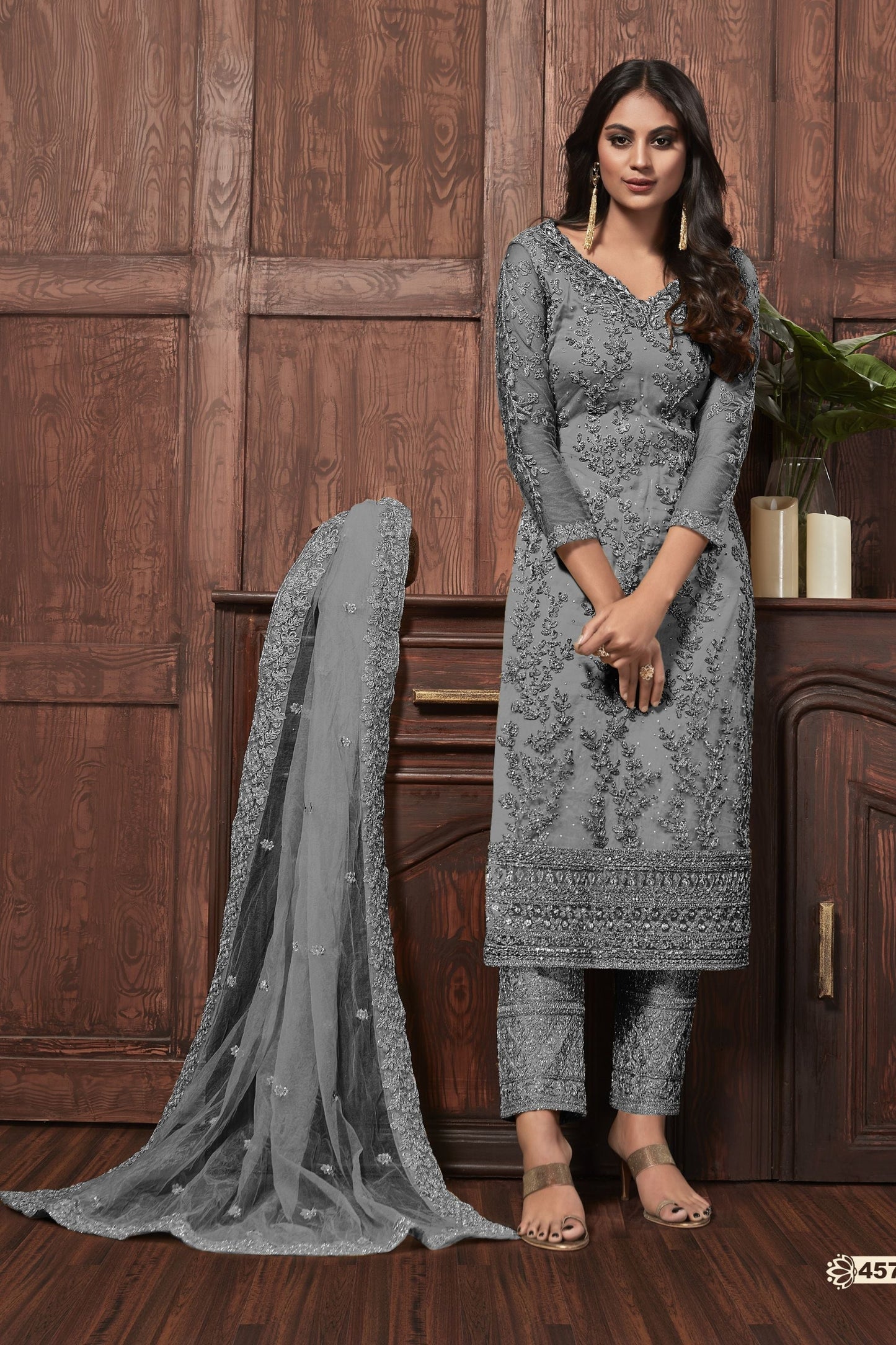 Light Gray Net Salwar suit - Embroidery Work