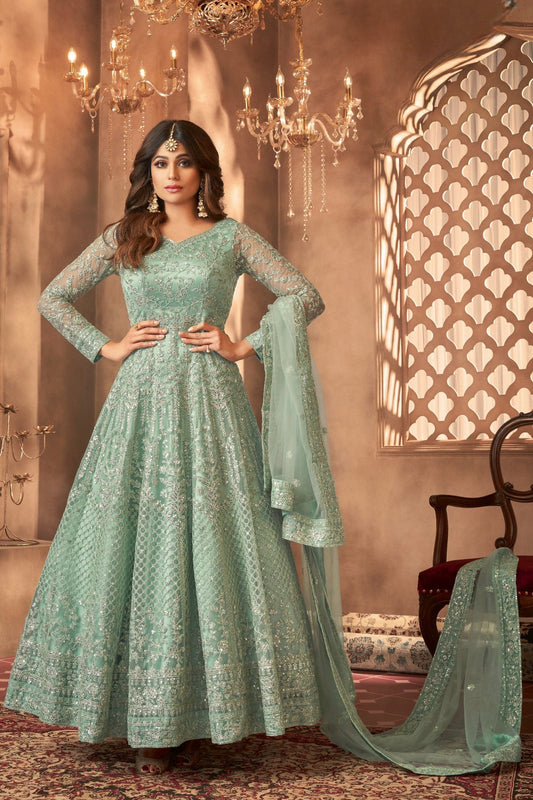 Light Green Net Anarkali Gown For Wedding & Festival - Embroidery Work