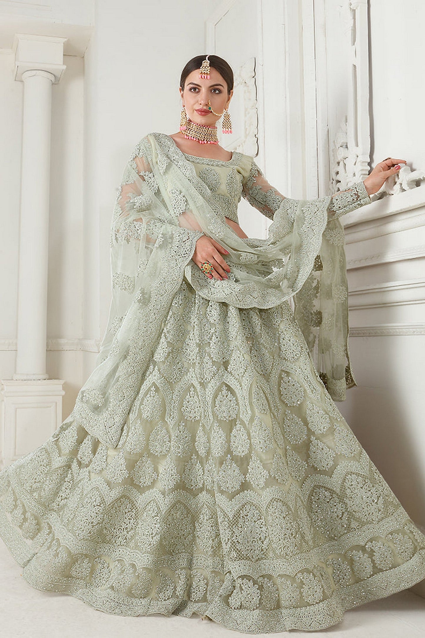 Light Green Net Lehenga Choli For  Festivals & Weddings - Thread Embroidery Work, Codding Embroidery Work, Butta Work, Stone Work