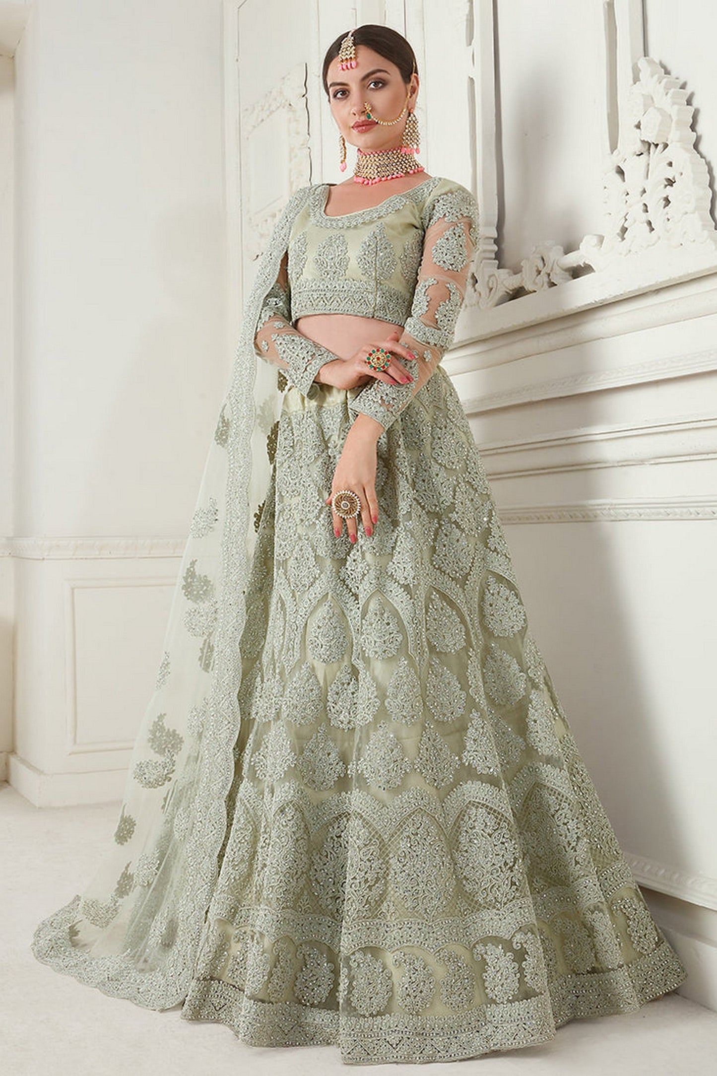 Light Green Net Lehenga Choli For  Festivals & Weddings - Thread Embroidery Work, Codding Embroidery Work, Butta Work, Stone Work
