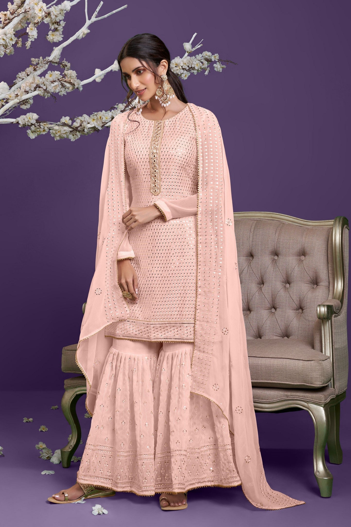 Light Pink Georgette Sharara suit - Sequence Embroidery Work, Thread Embroidery Work, Khatli Work