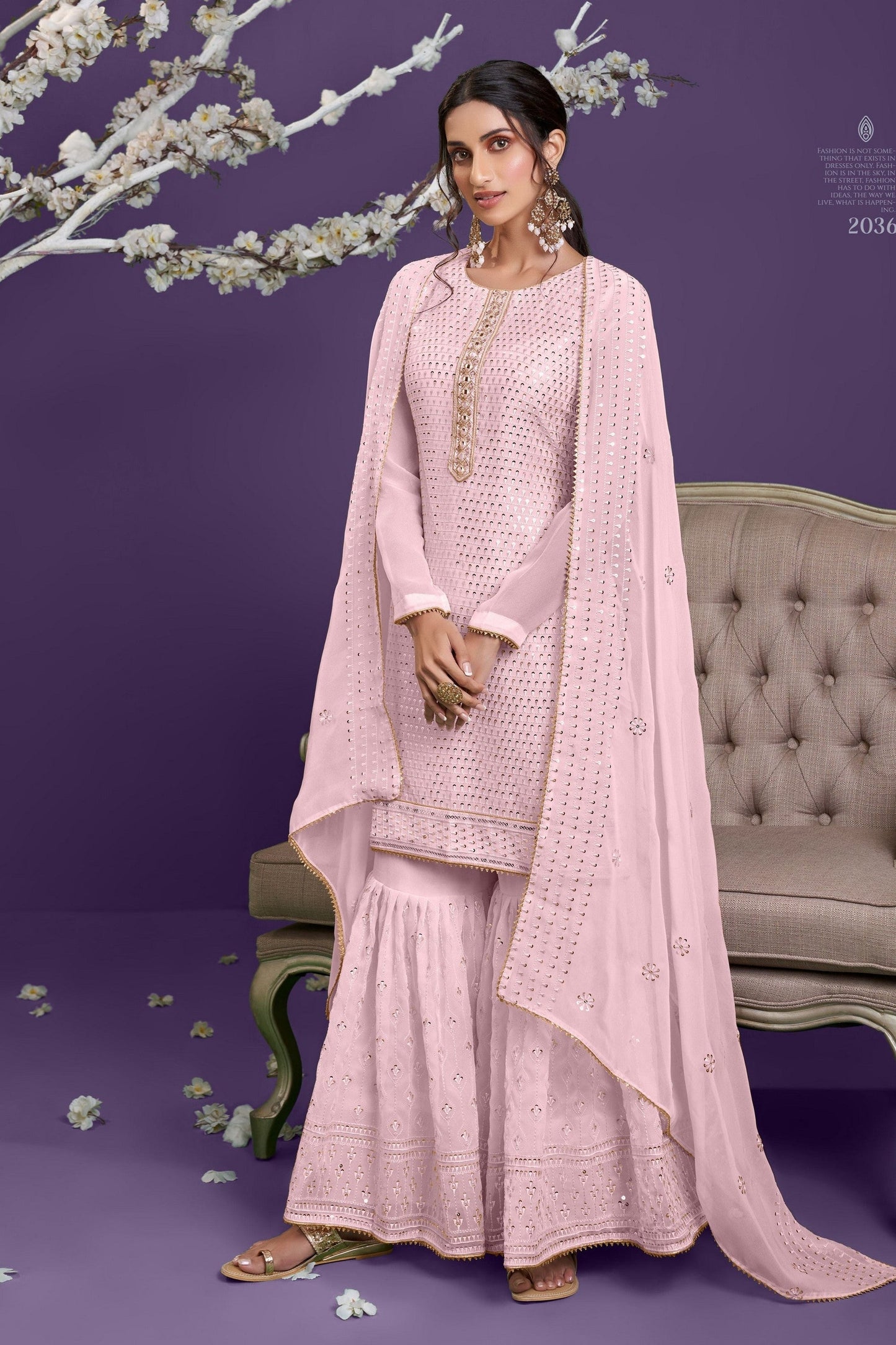 Light Pink Georgette Sharara suit - Sequence Embroidery Work, Thread Embroidery Work, Khatli Work