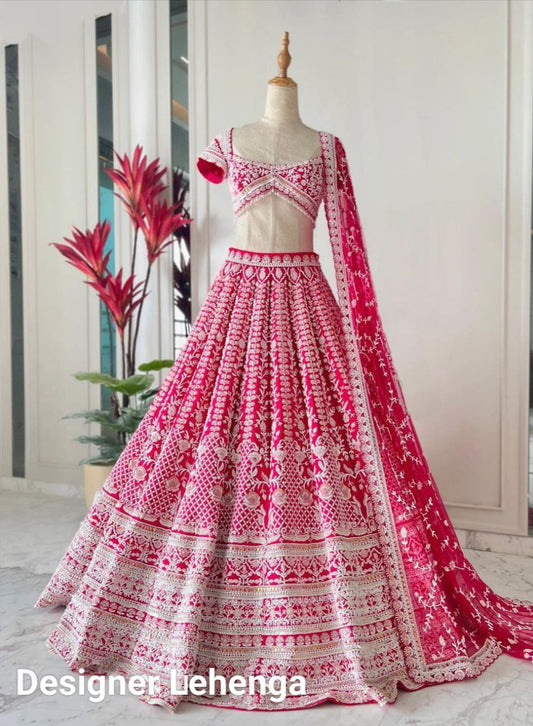 Attractive Rose Pink Party Wear Lucknowi Work Lehenga Choli With Net Dupatta