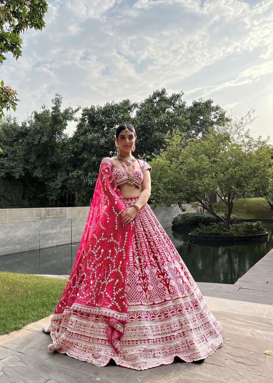 Attractive Rose Pink Party Wear Lucknowi Work Lehenga Choli With Net Dupatta