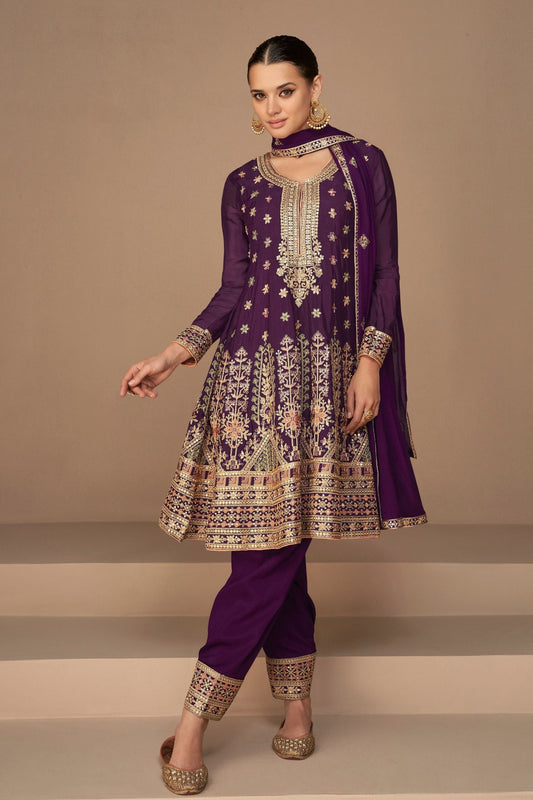 Maroon Chinon Silk salwar suit - Thread Embroidery Work