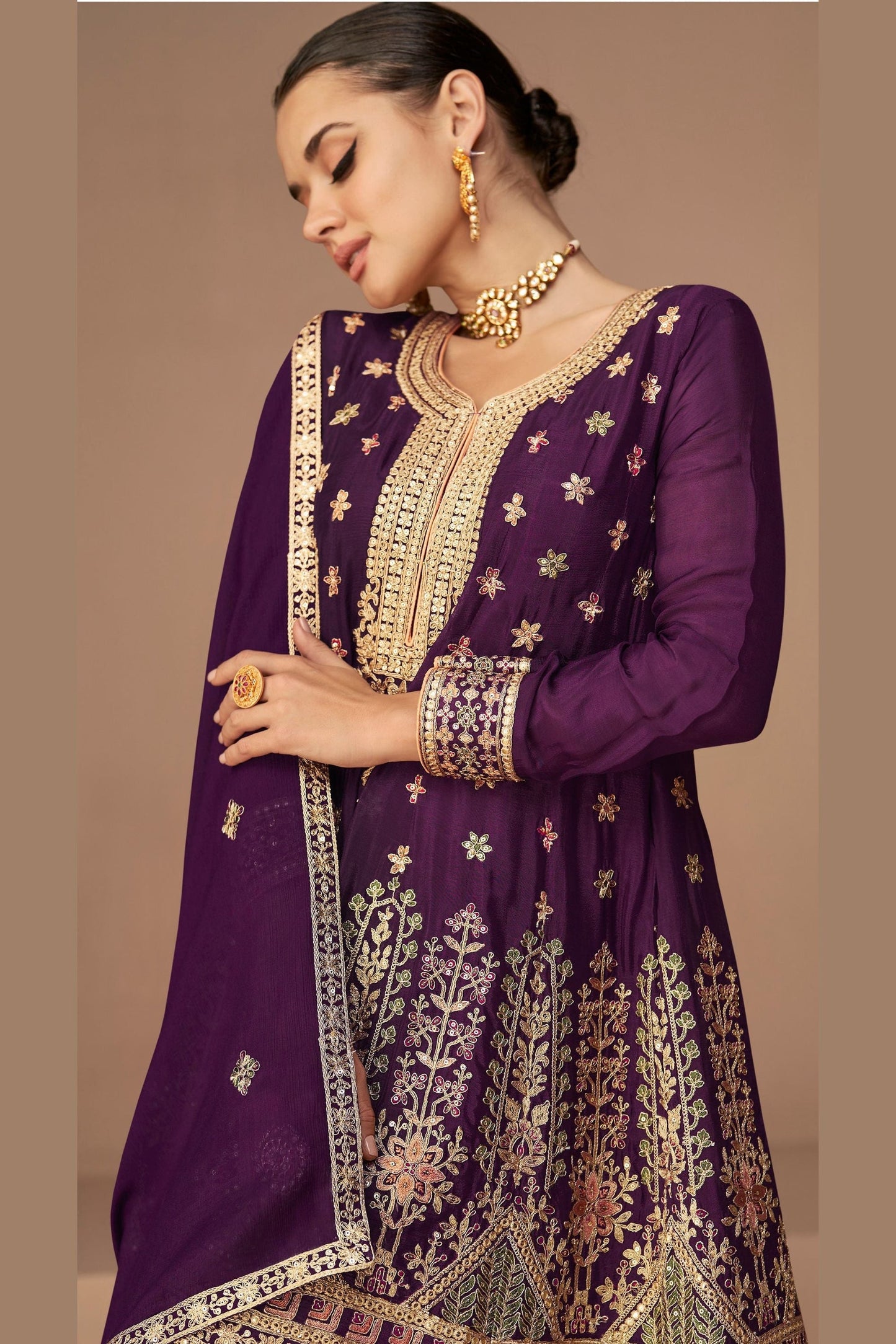 Maroon Chinon Silk salwar suit - Thread Embroidery Work