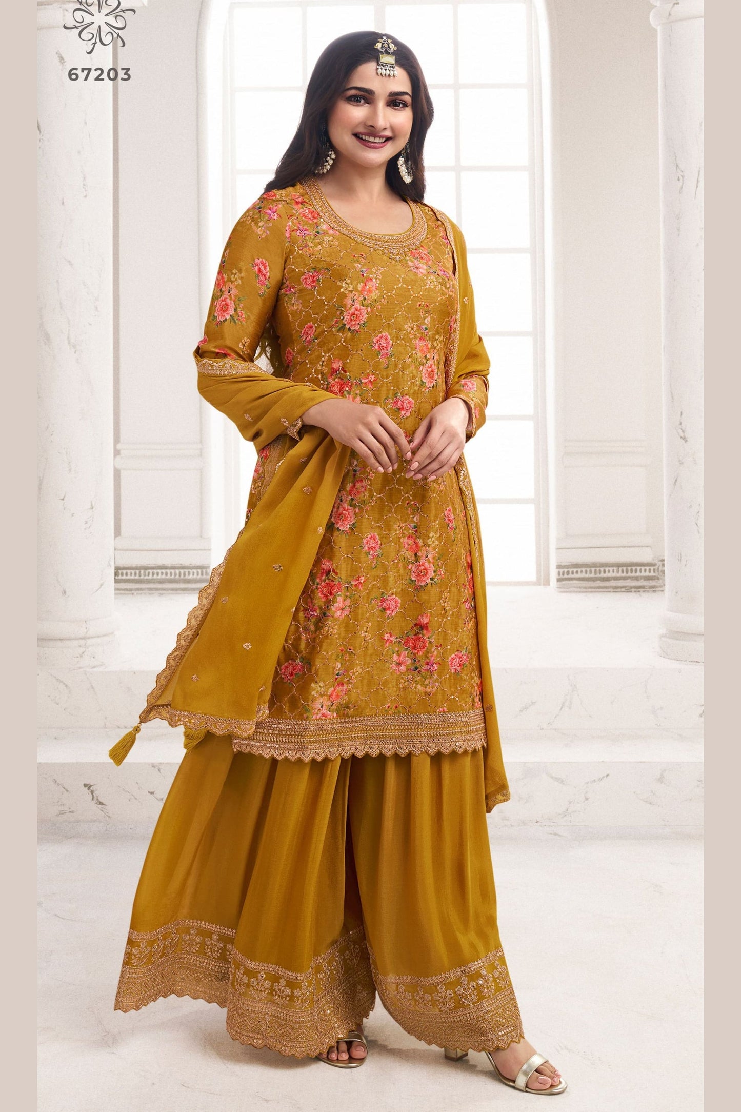 Mustard Chinon Silk Plus Size Floral Plazo Suit For  Festivals &  Weddings Dress - Embroidery Work, Print Work