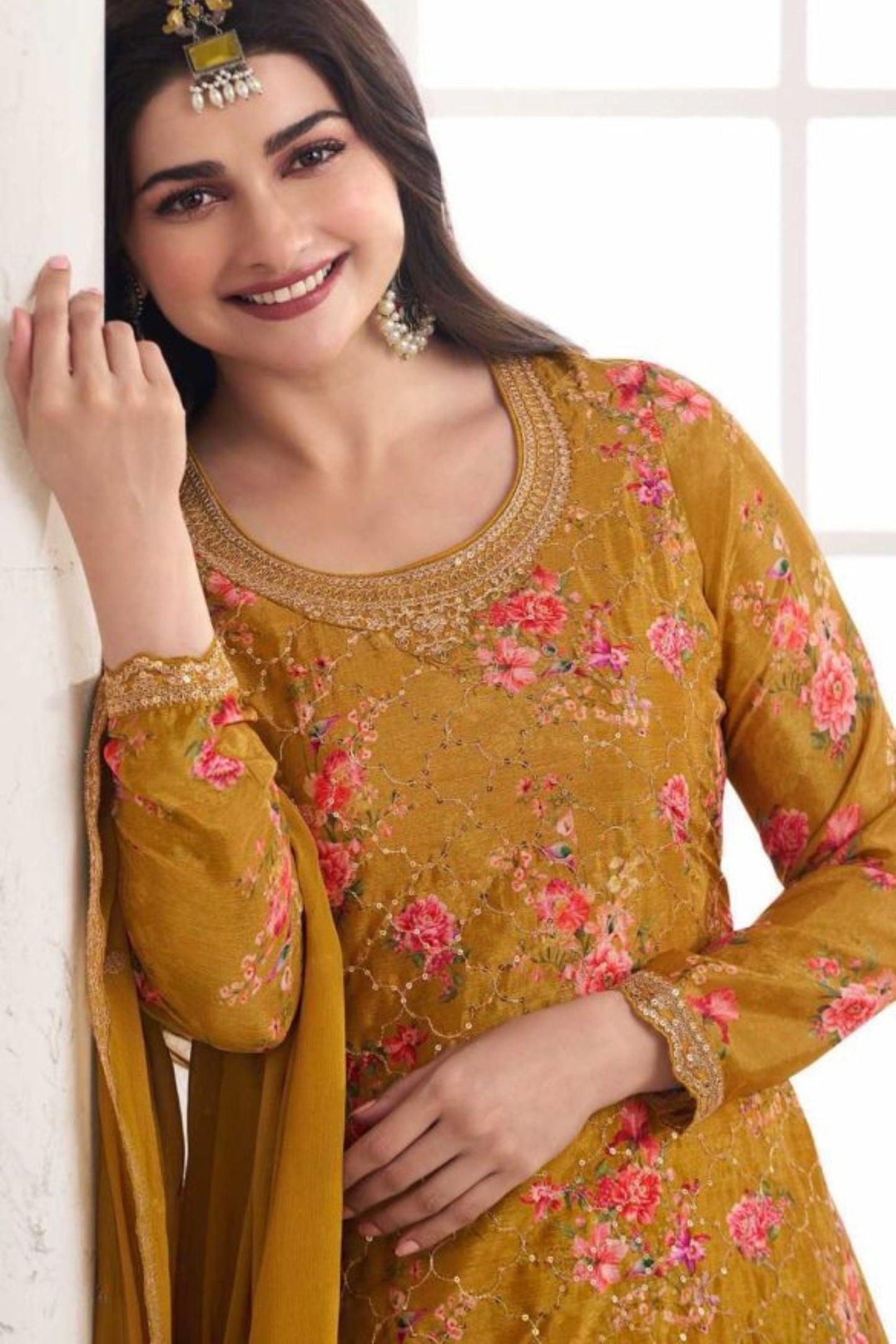 Mustard Chinon Silk Plus Size Floral Plazo Suit For  Festivals &  Weddings Dress - Embroidery Work, Print Work
