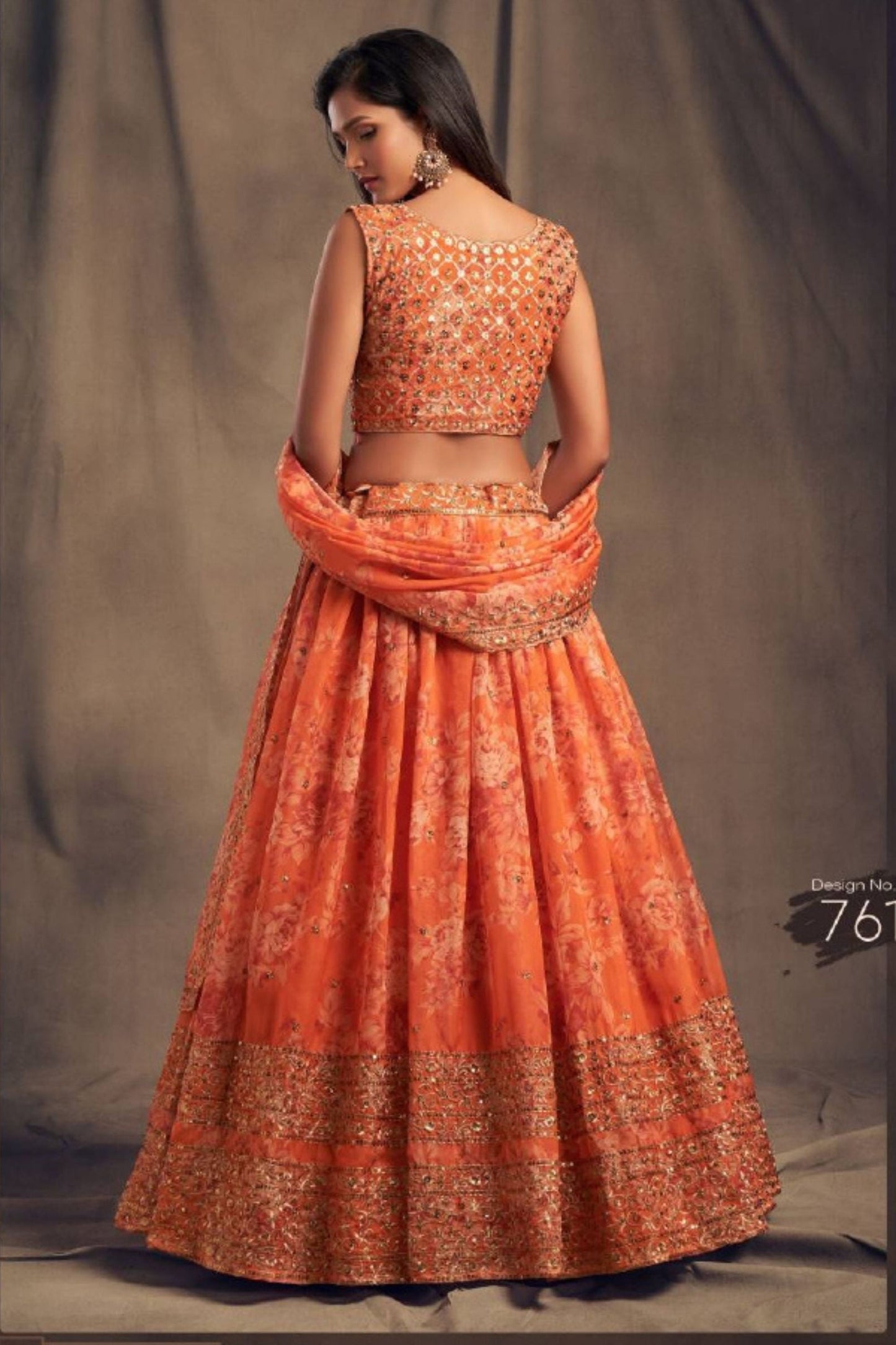Orange Organza Floral Lehenga Choli For Festival & Weddings - Embroidery Work, Print Work 2249