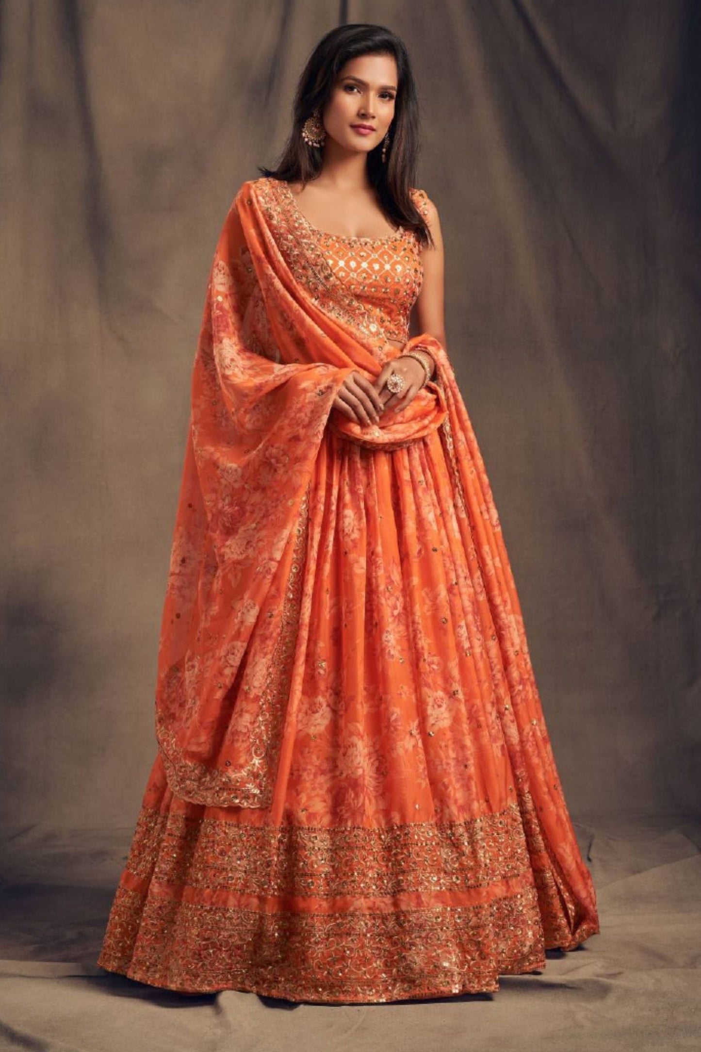 Orange Organza Floral Lehenga Choli For Festival & Weddings - Embroidery Work, Print Work 2249