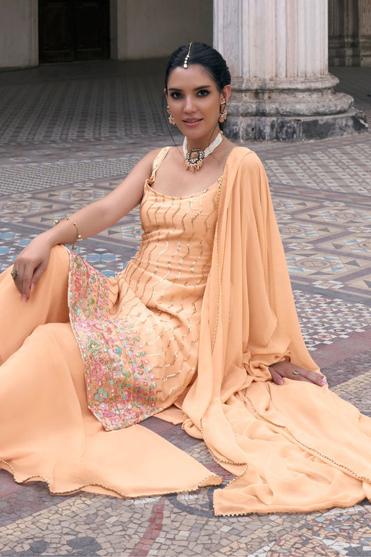 Peach Georgette Sharara Suits - Thread & Sequence Embroidery Work