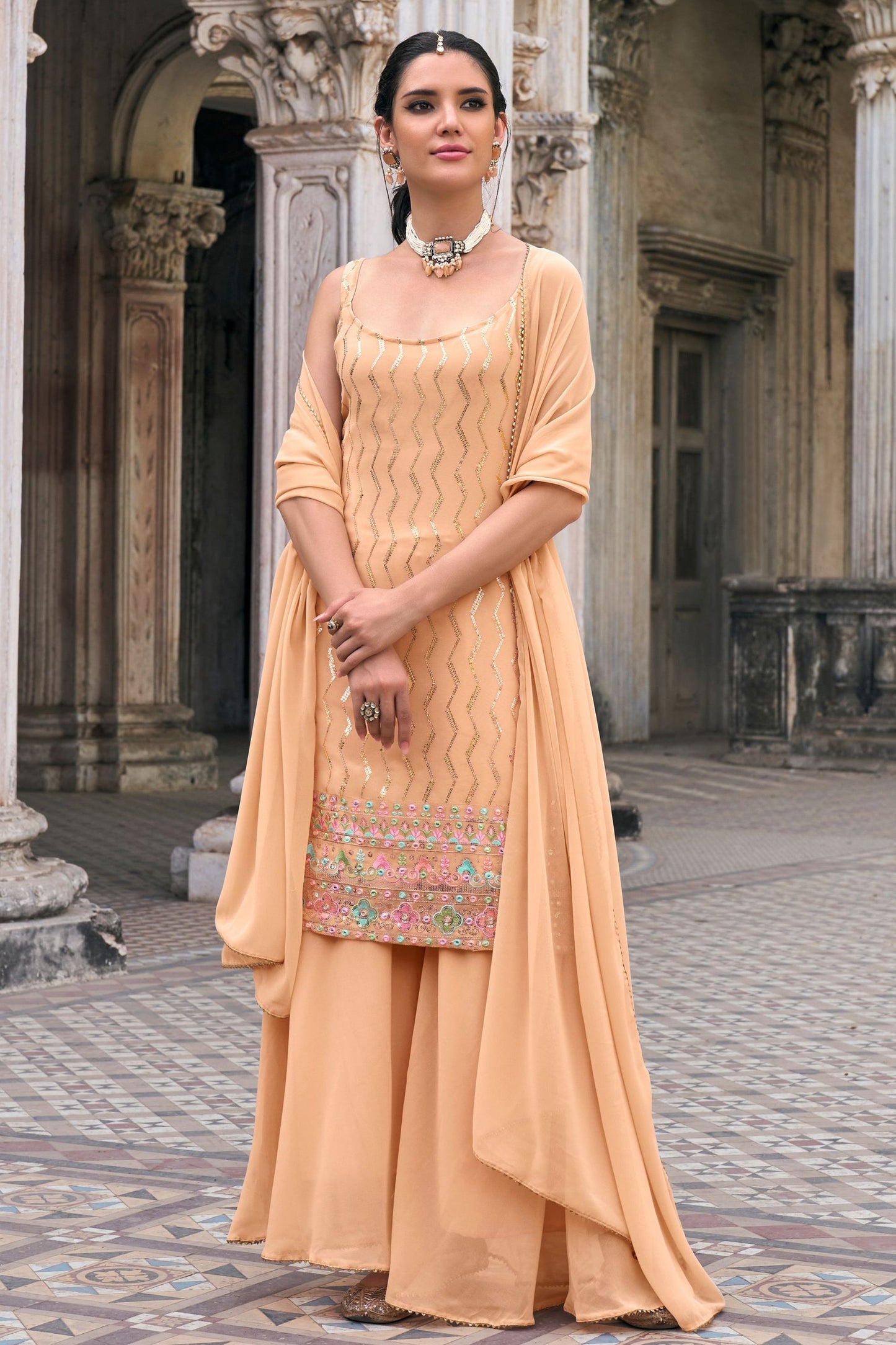 Peach Georgette Sharara Suits - Thread & Sequence Embroidery Work