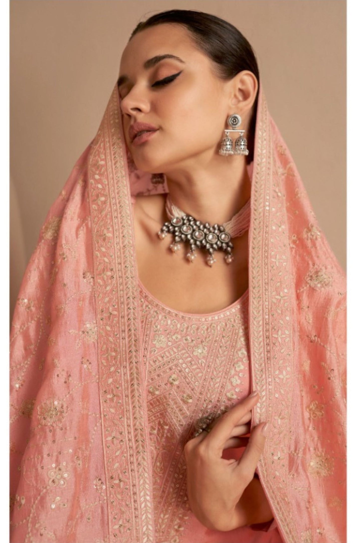 Peach Chinon Silk salwar suit - Thread Embroidery Work