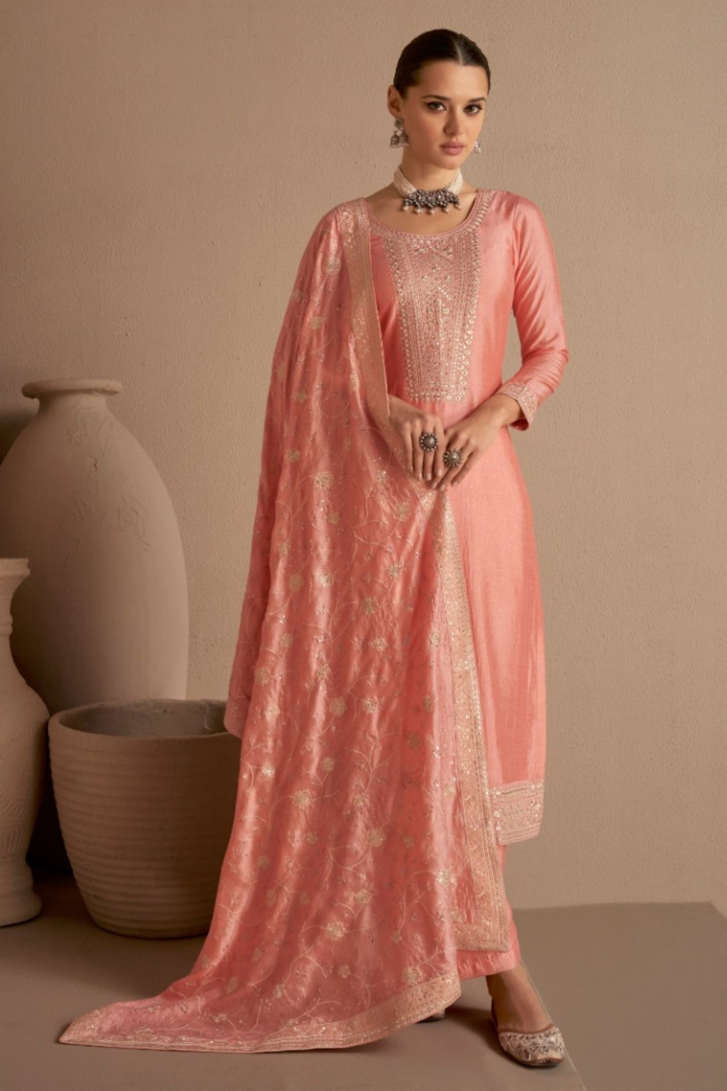 Peach Chinon Silk salwar suit - Thread Embroidery Work