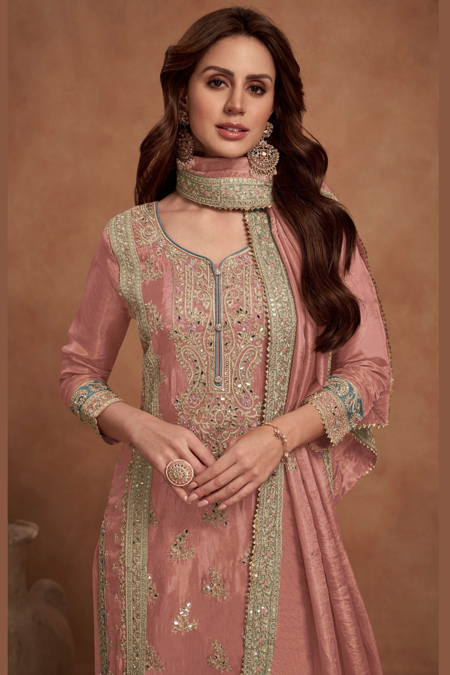 Peach Simar Silk Plazo Suit For Festivals & Weddings - Embroidery Work