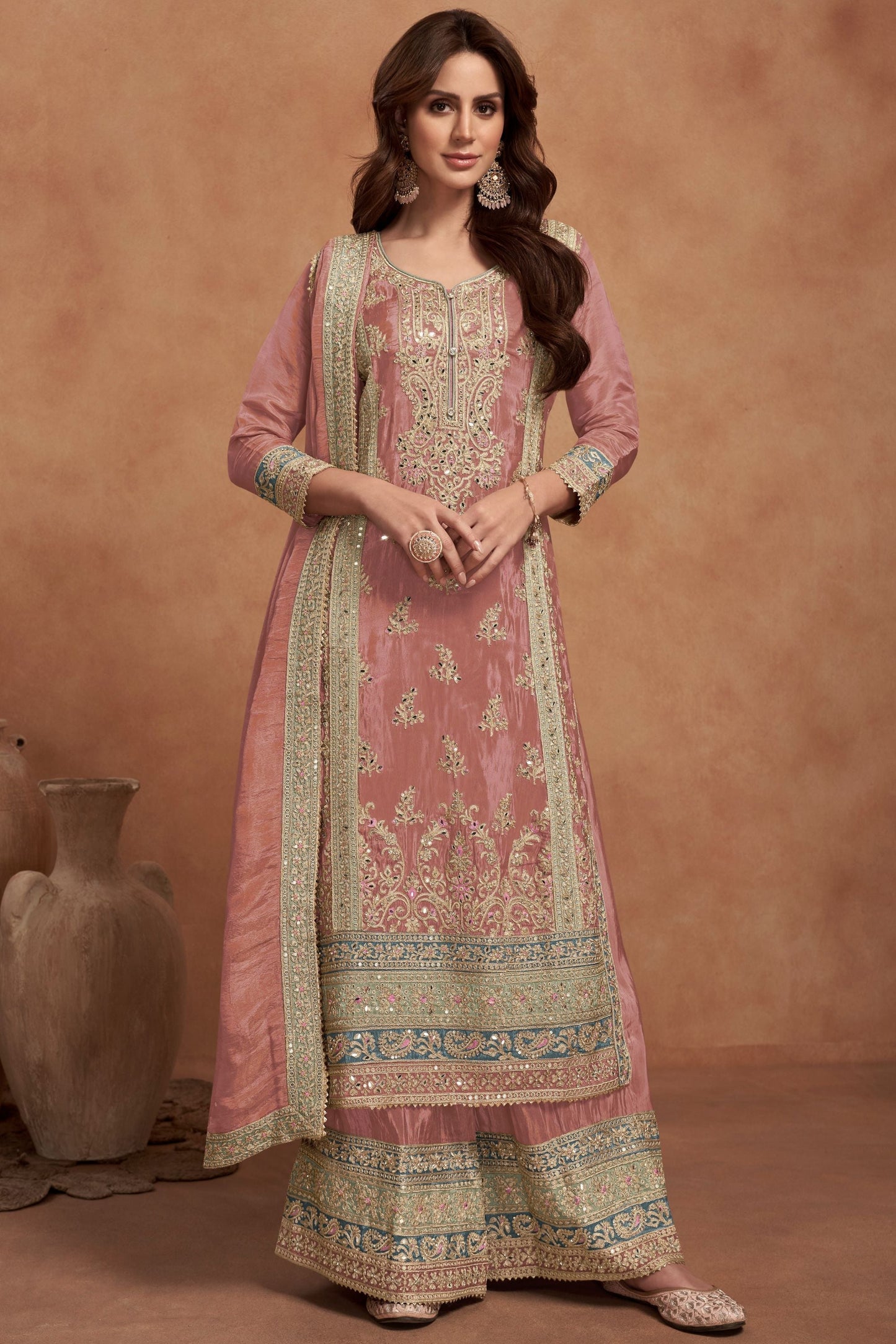 Peach Simar Silk Plazo Suit For Festivals & Weddings - Embroidery Work