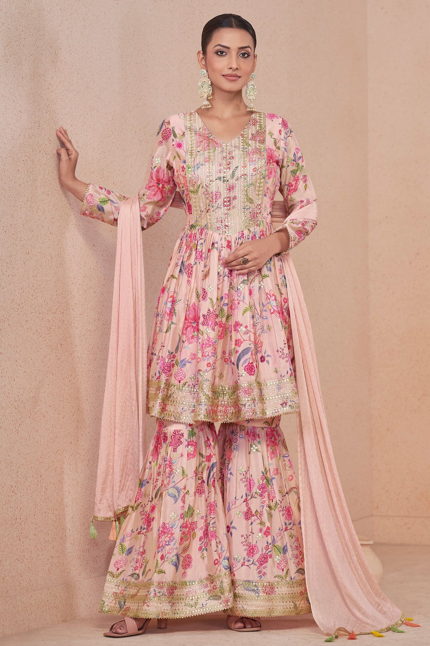 Pink Chinon Silk Flower Floral Printed Sharara Gharara Suit - Embroidery Work, Print Work