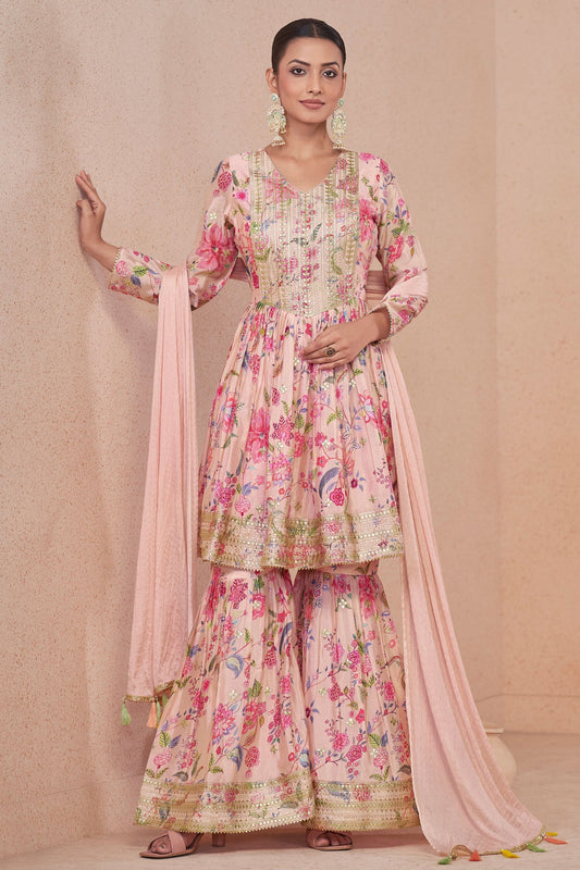 Pink Chinon Silk Flower Floral Printed Sharara Gharara Suit - Embroidery Work, Print Work