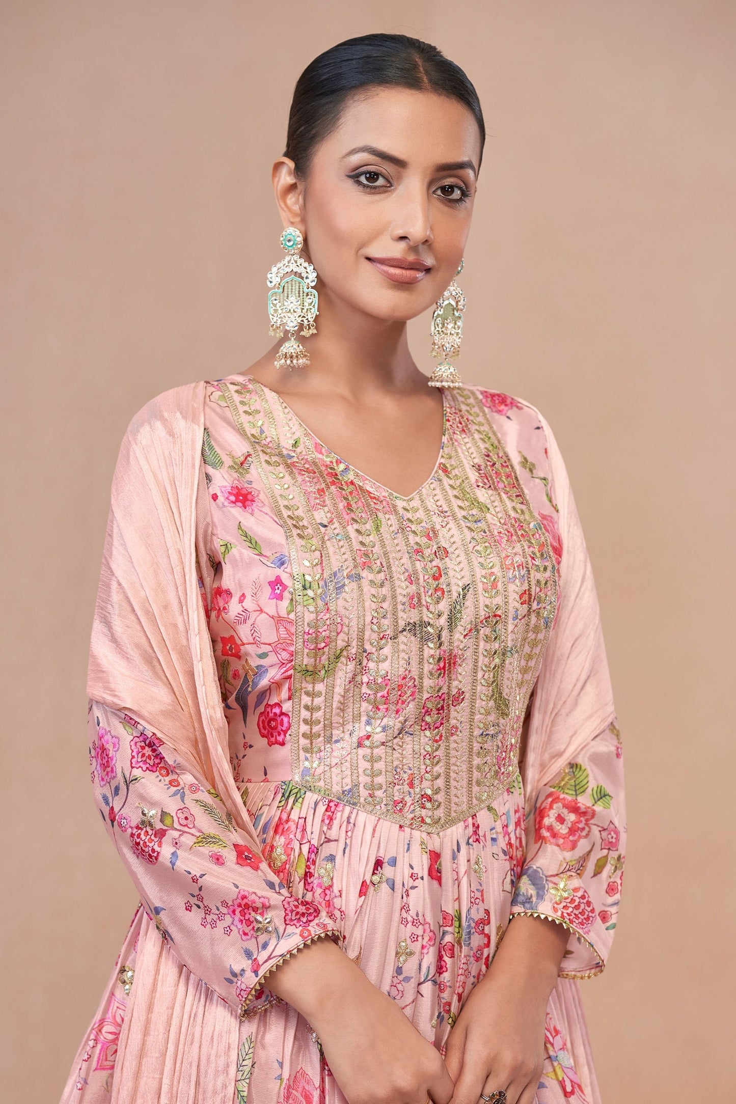 Pink Chinon Silk Flower Floral Printed Sharara Gharara Suit - Embroidery Work, Print Work