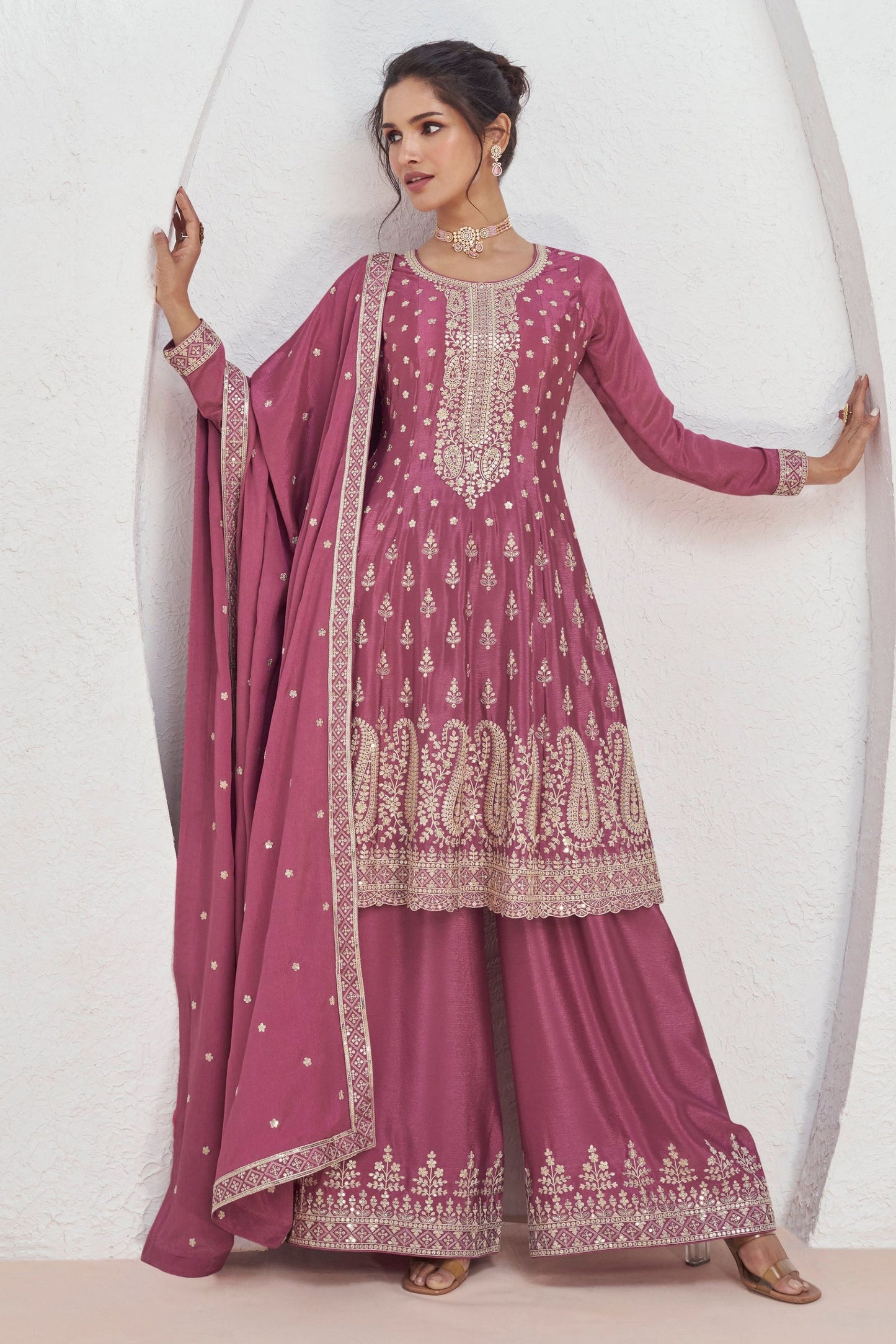 Pink Chinon Silk Palazzo Suit For  Festival &  Weddings - Embroidery Work