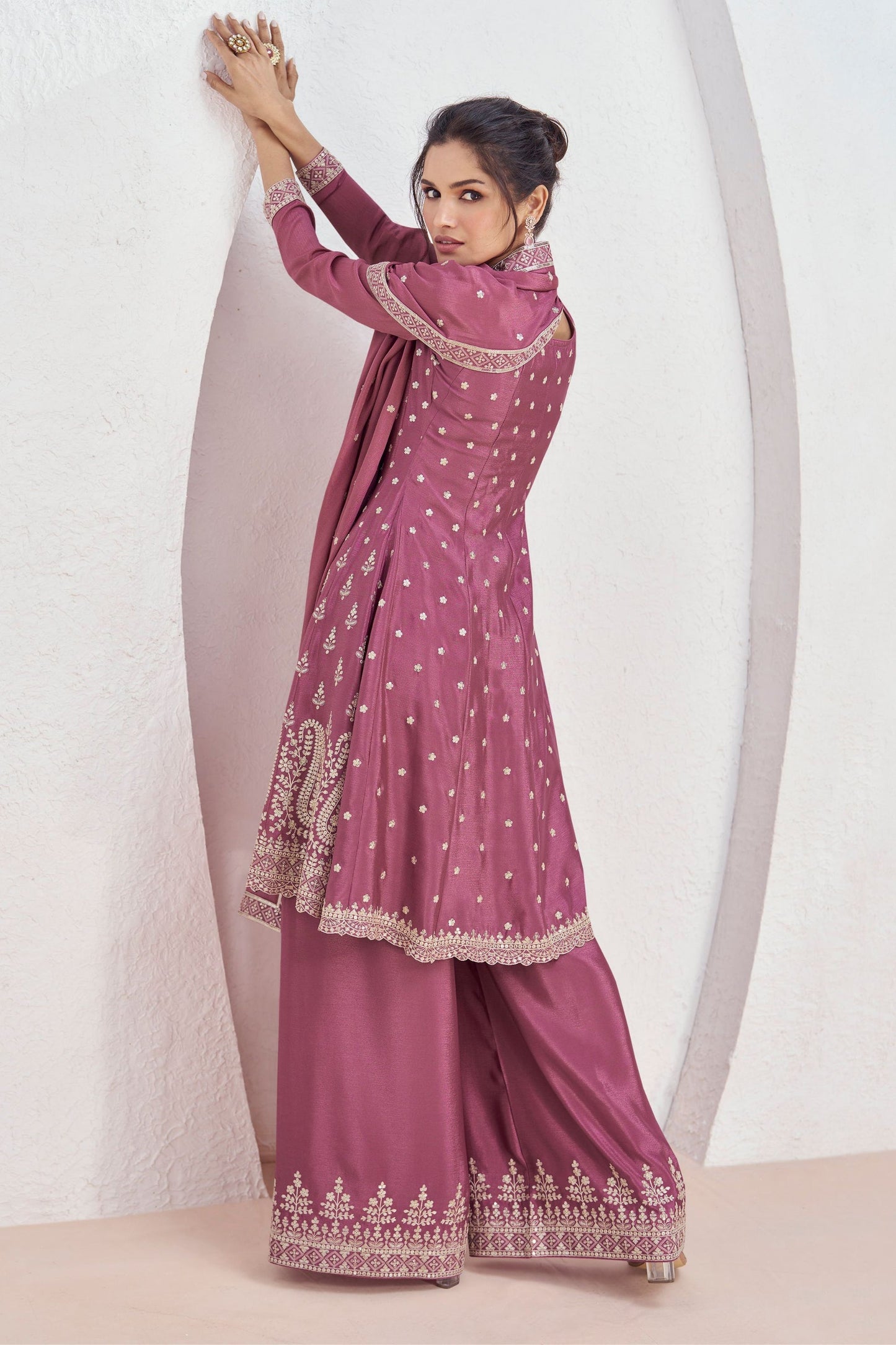 Pink Chinon Silk Palazzo Suit For  Festival &  Weddings - Embroidery Work