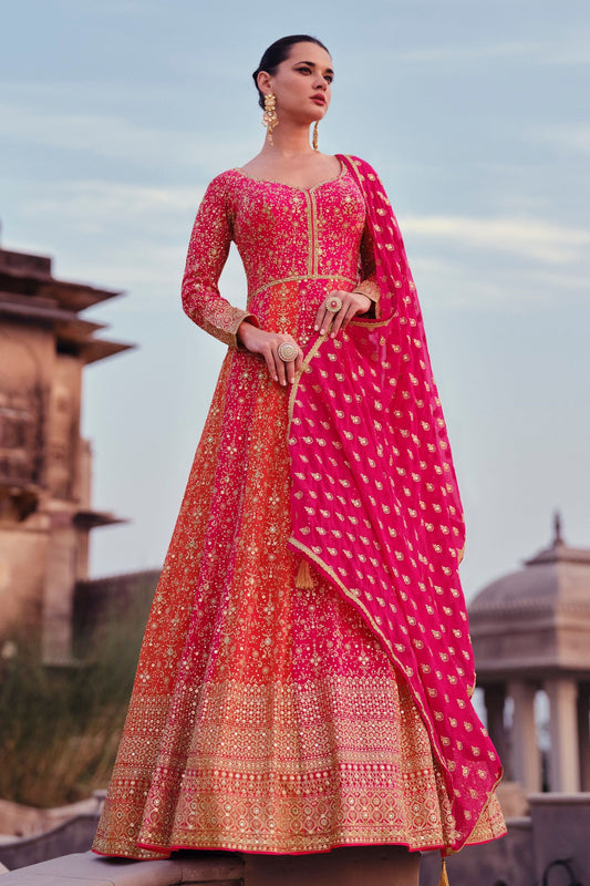 Pink Redish Georgette Floor Full Length Anarkali Gown For  Festivals &  Weddings - Embroidery Work